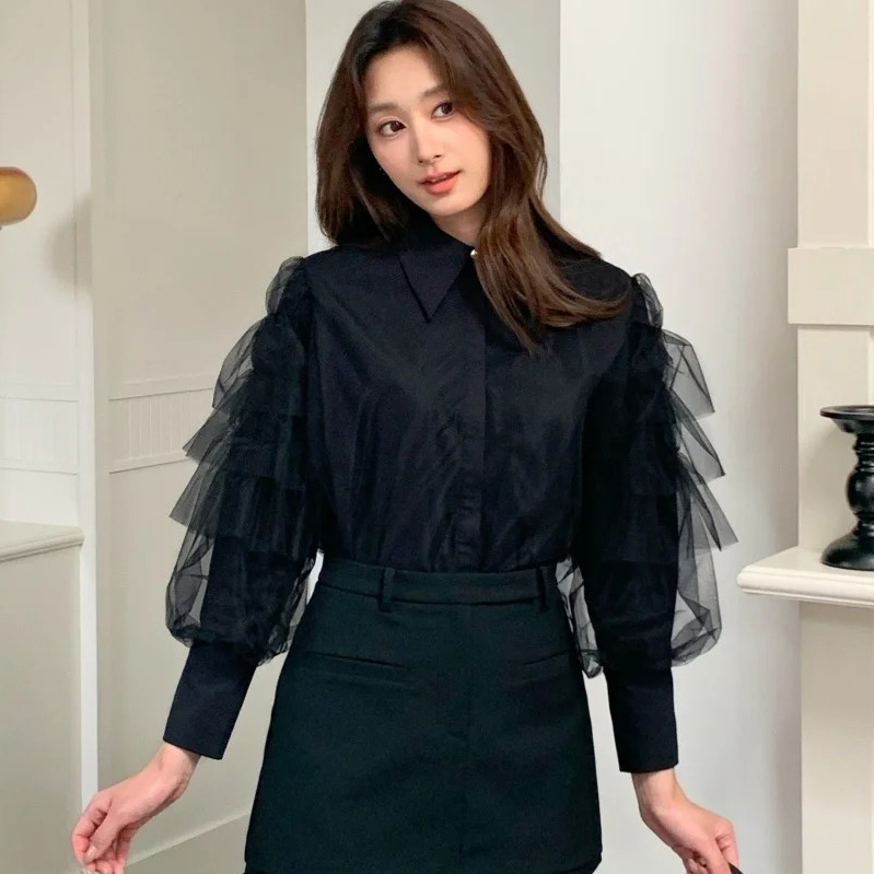 經典黑歐根紗拼接澎澎袖翻領上衣-F (Elegant & Love)