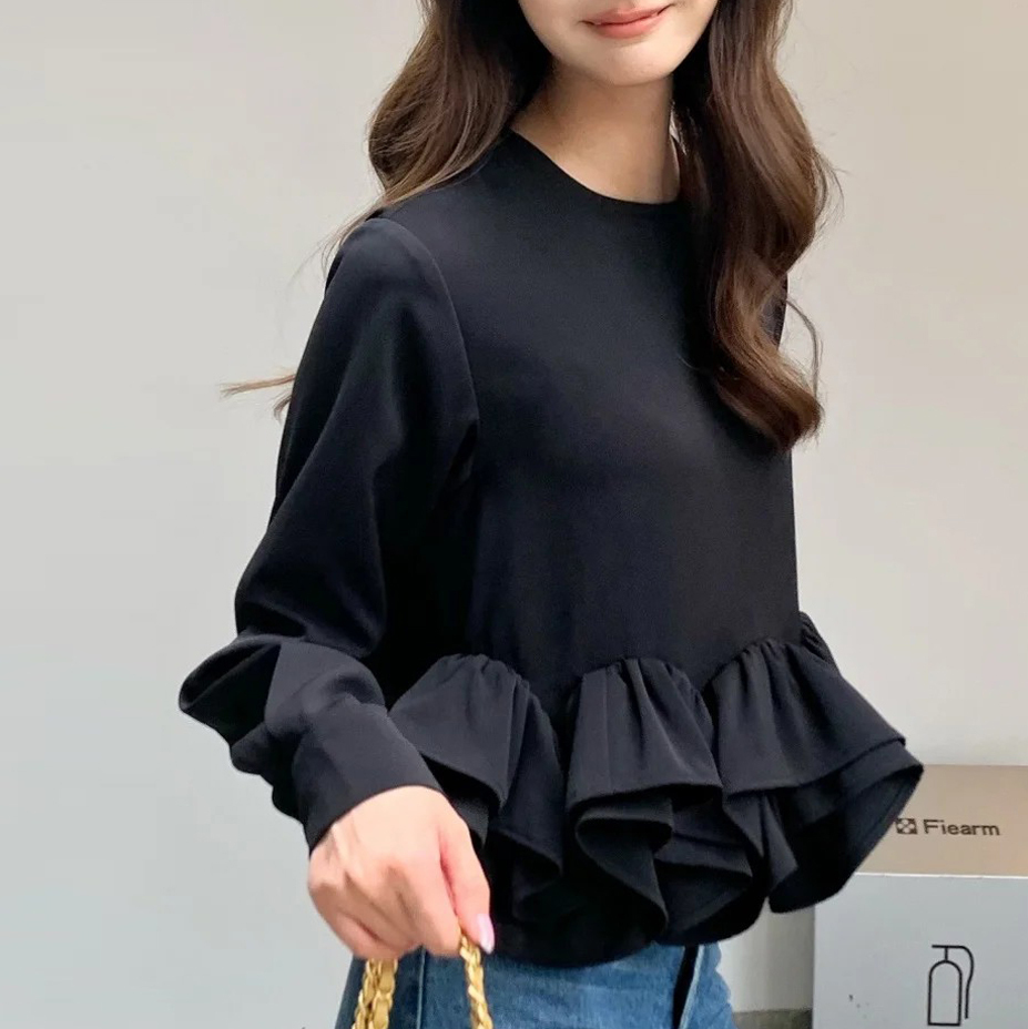 經典黑立體抓褶雲朵造型短版上衣-F (Elegant & Love)