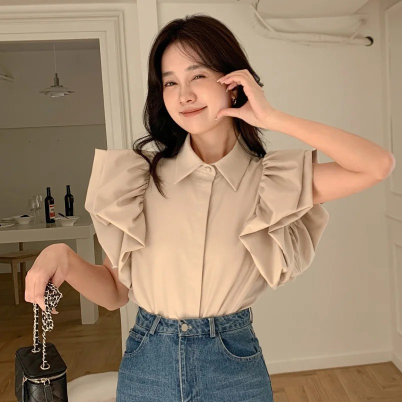 浮誇感雲朵澎澎袖翻領排釦上衣-F / 3色 (Elegant & Love)