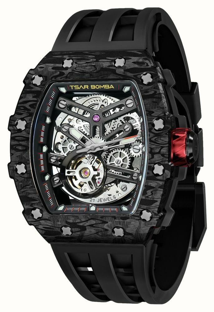 萬年鐘錶 - TSAR BOMBA 機械公爵  碳纖維錶框黑色氟矽膠錶帶機械透視機芯男錶 TB8208CF-08 錶徑 43.5MM