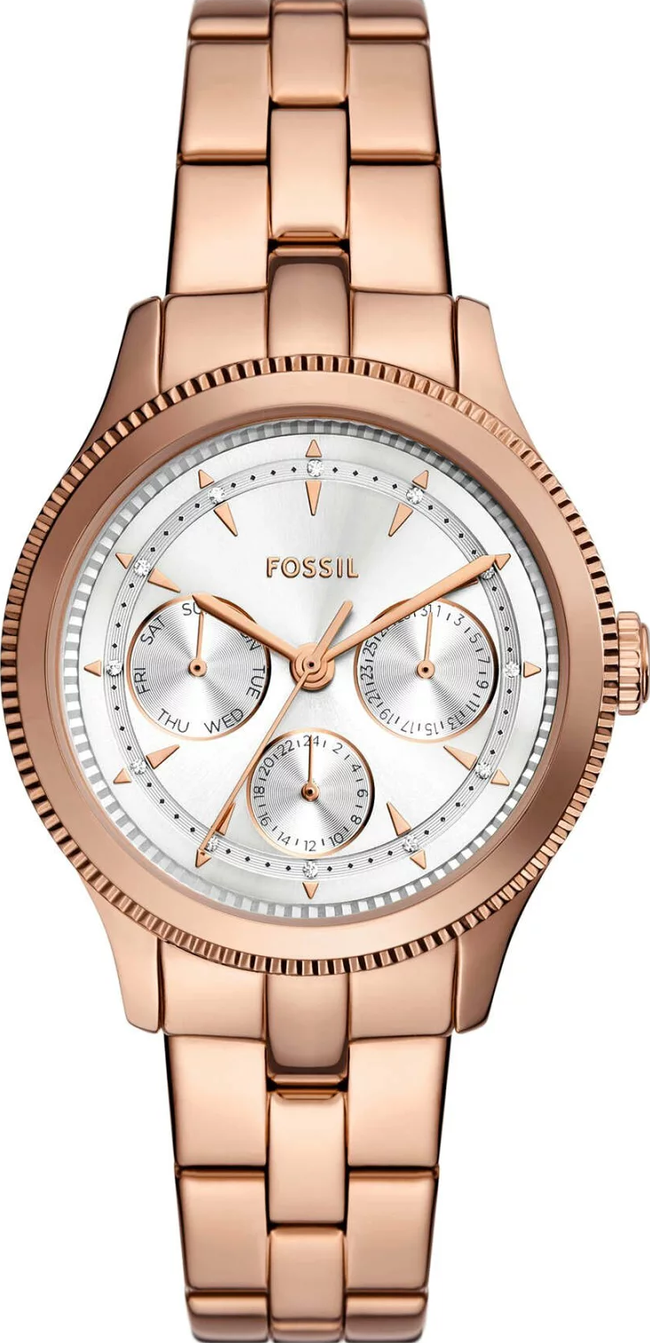 萬年鐘錶 - Fossil  簡約玫瑰金三眼不鏽鋼女錶 BQ3993  錶徑38MM