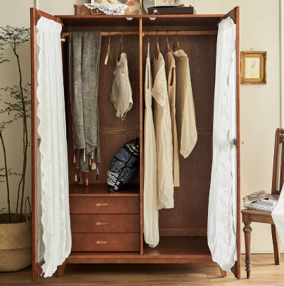 實木復古雙開門玻璃蕾絲大衣櫃