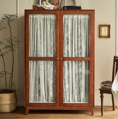實木復古雙開門玻璃蕾絲大衣櫃