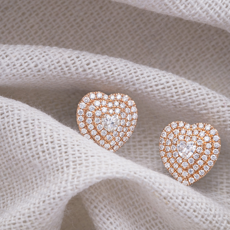 玫瑰金心形鑽石耳環