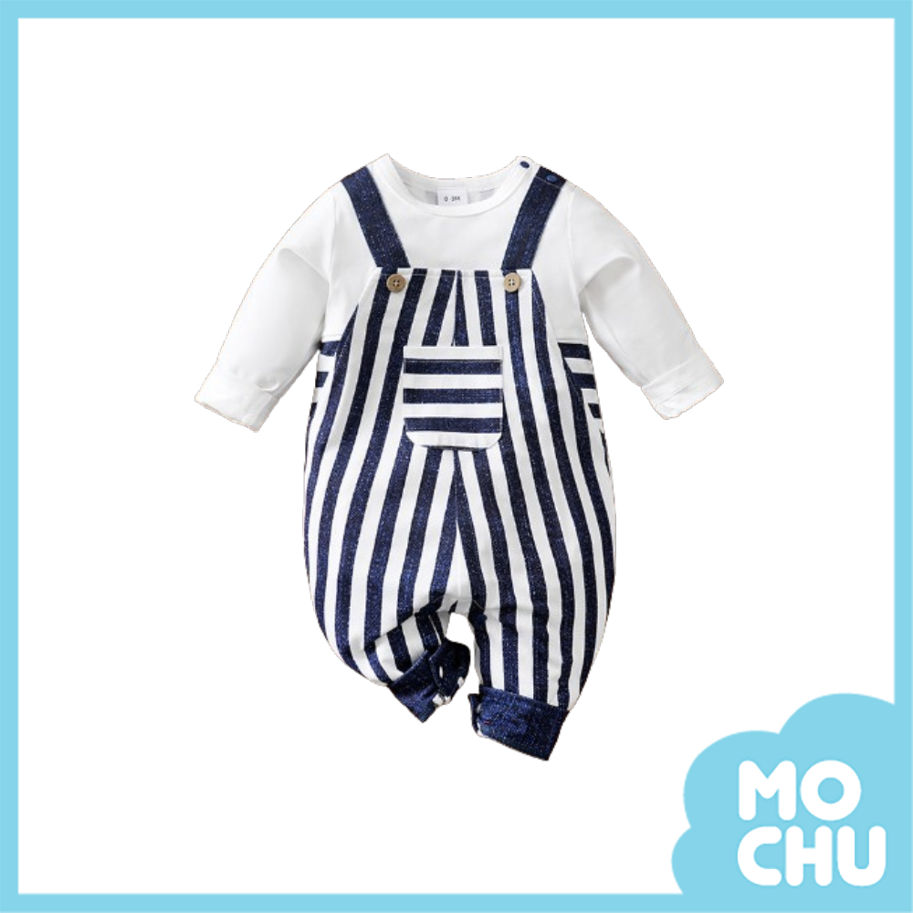 牛仔藍白條假兩件連身衣