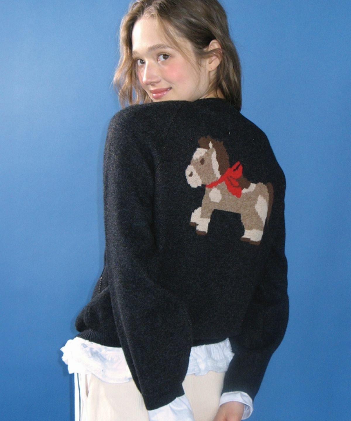 RONRON FURRY PONY JACQUARD KNIT CARDIGAN