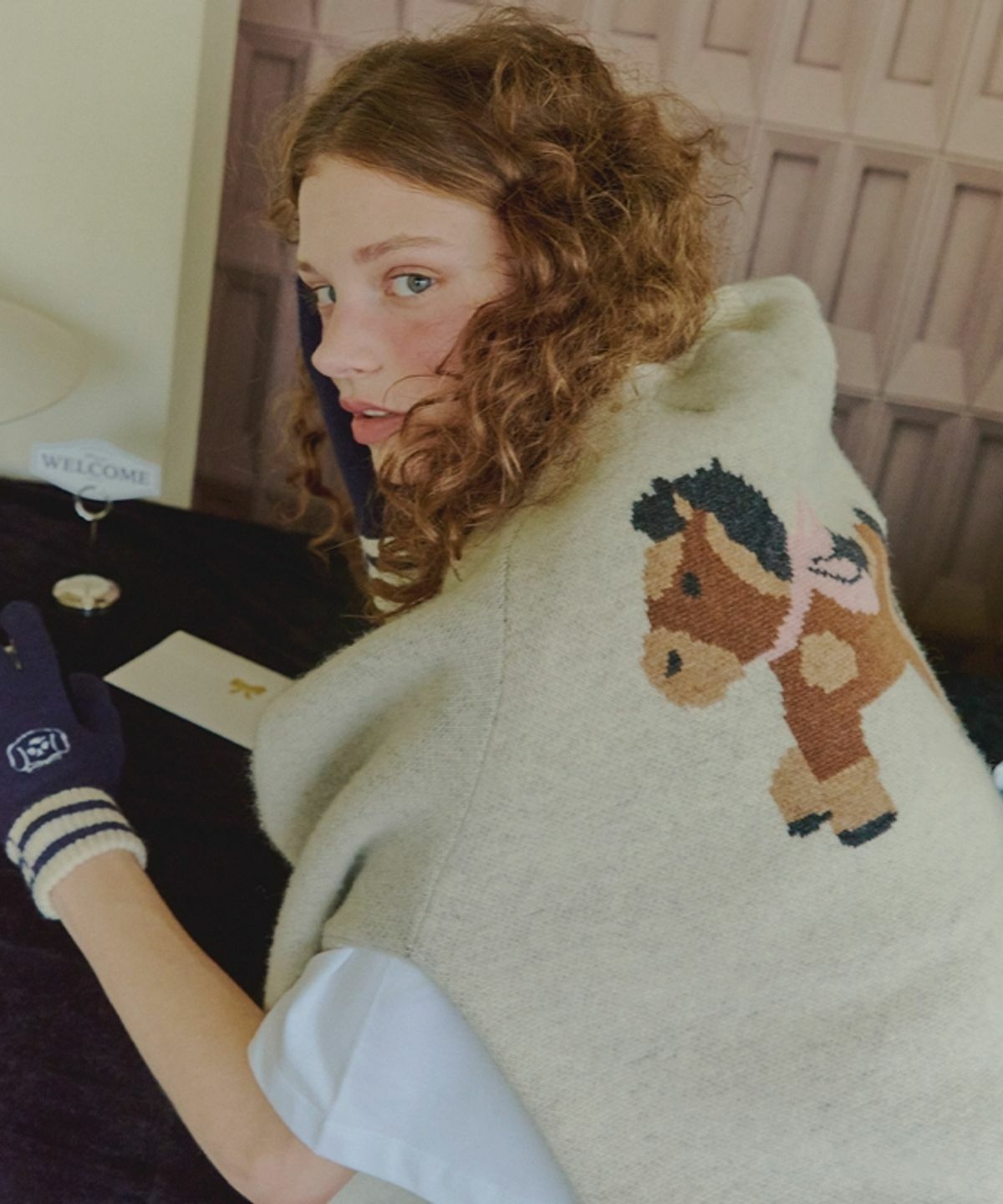 RONRON FURRY PONY JACQUARD KNIT CARDIGAN