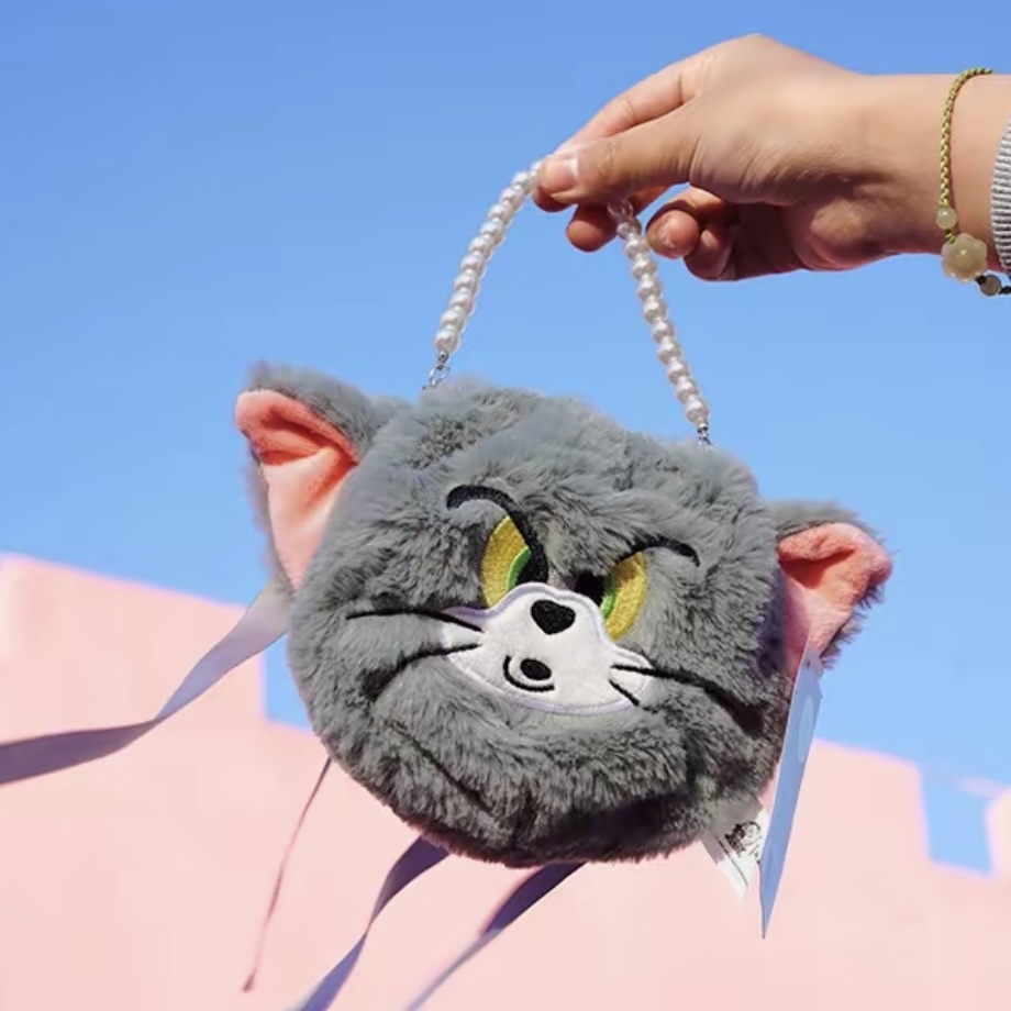 湯姆貓與傑利鼠 TOM&JERRY 珍珠背帶 大頭 絨毛 隨身包 小包 /預購