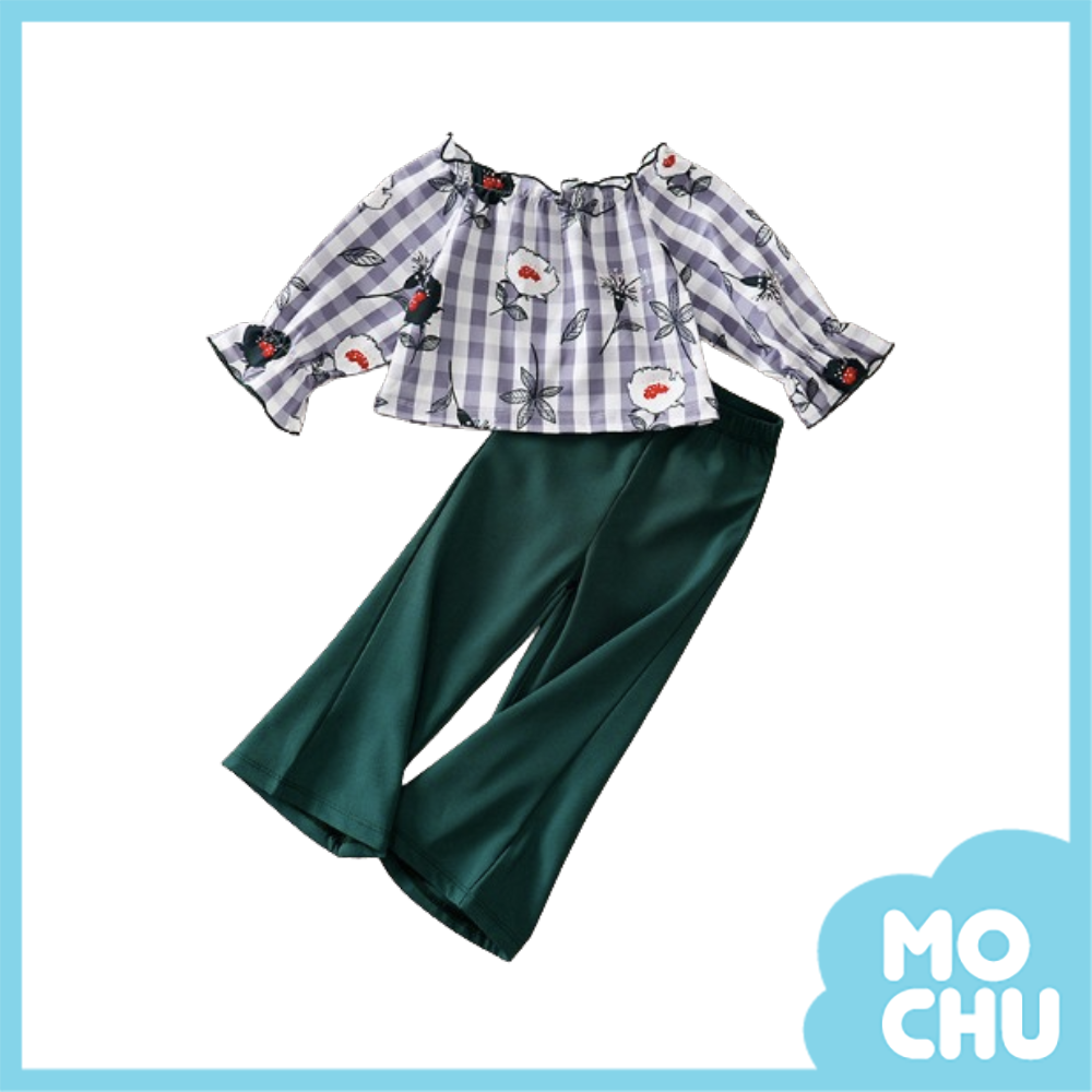 花朵平肩喇叭袖套裝(三色)