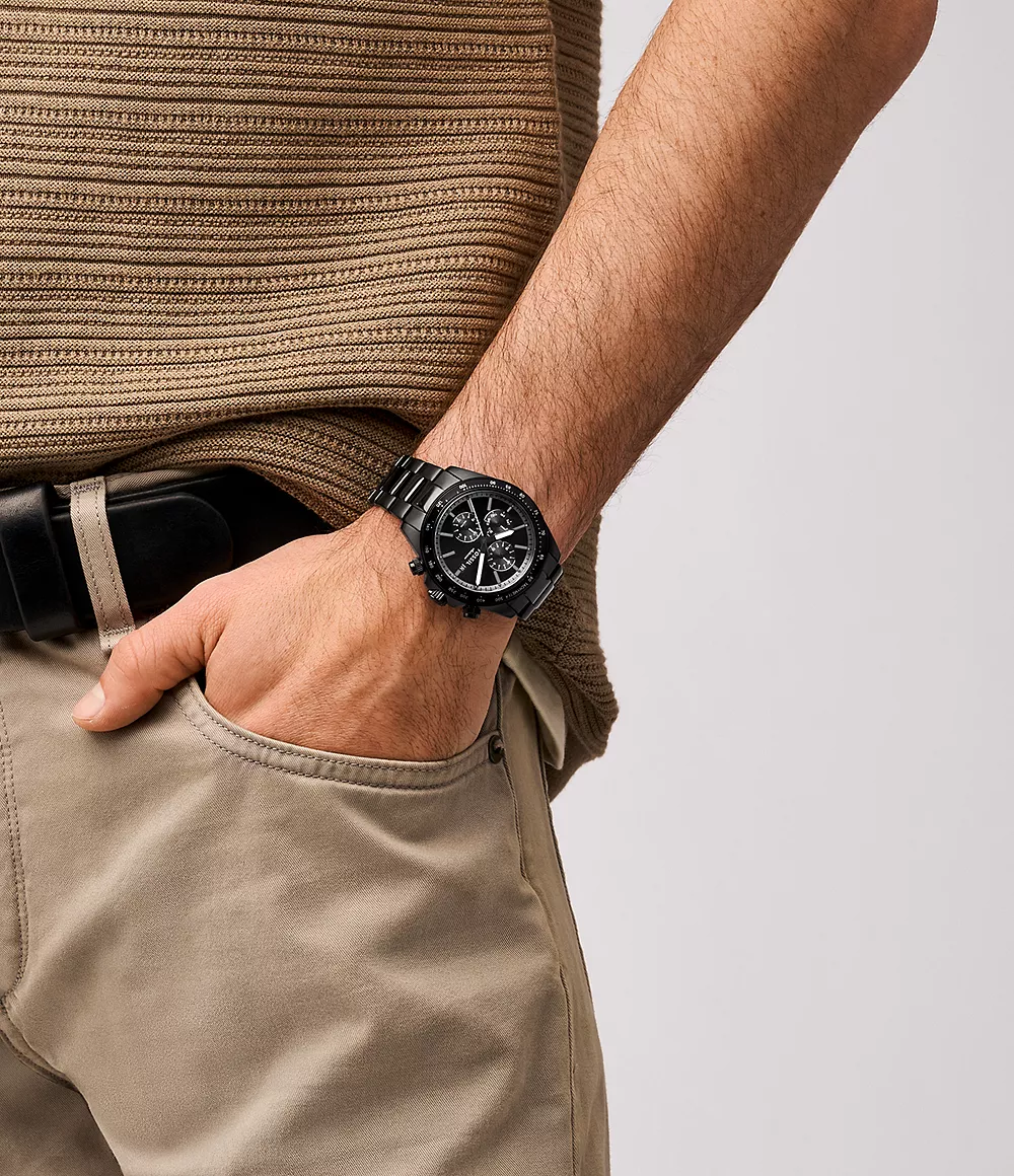 萬年鐘錶 - Fossil  休閒運動全黑三眼計時不銹鋼錶帶男錶  BQ2875  錶徑42MM