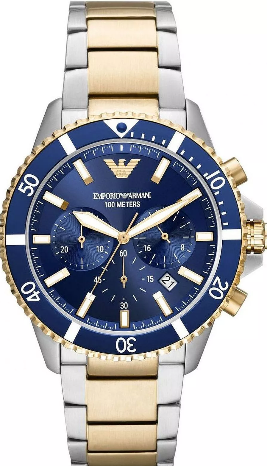 萬年鐘錶 - ARMANI  亞曼尼  半金色藍色面盤三眼計時男錶   AR11362  錶徑43MM