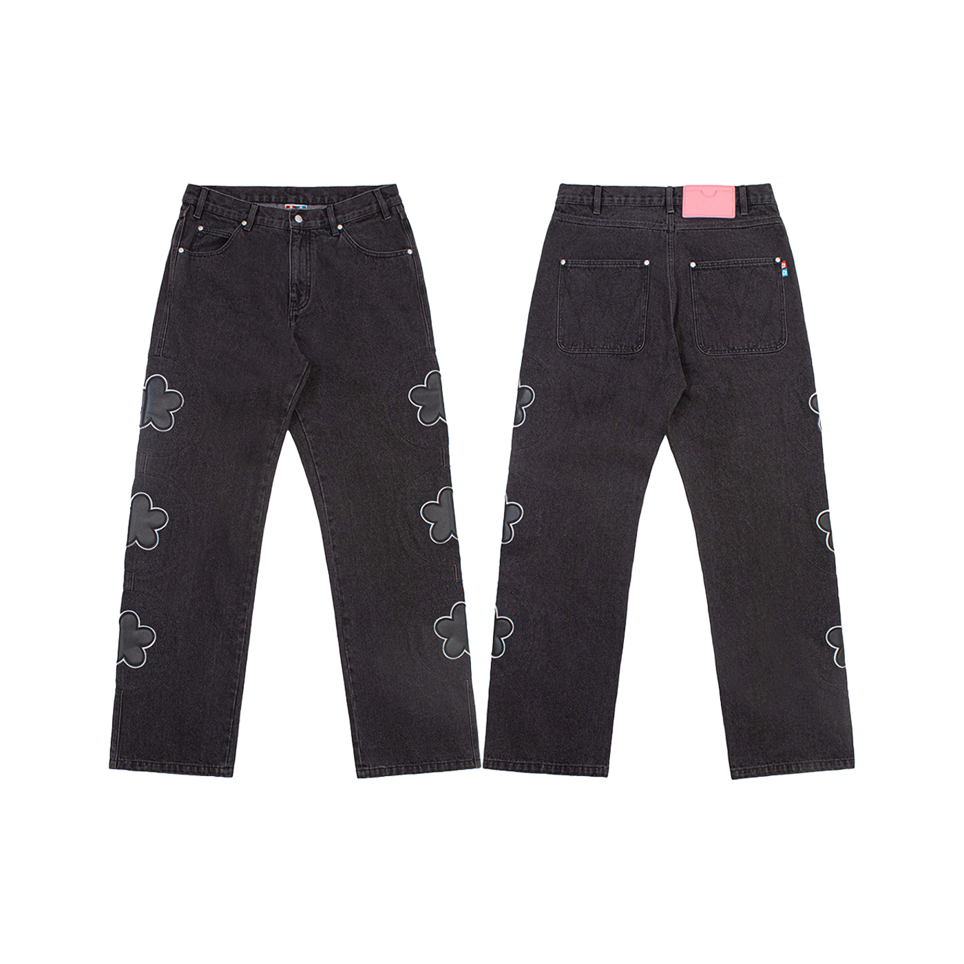 VANDYTHEPINK® LEATHER FLOWER PATCH DENIM 黑 小花圖案 牛仔長褲【VD6044-100】