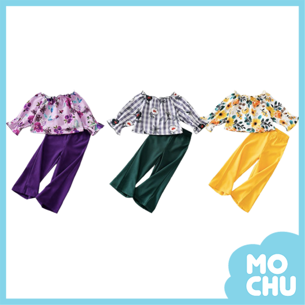 花朵平肩喇叭袖套裝(三色)