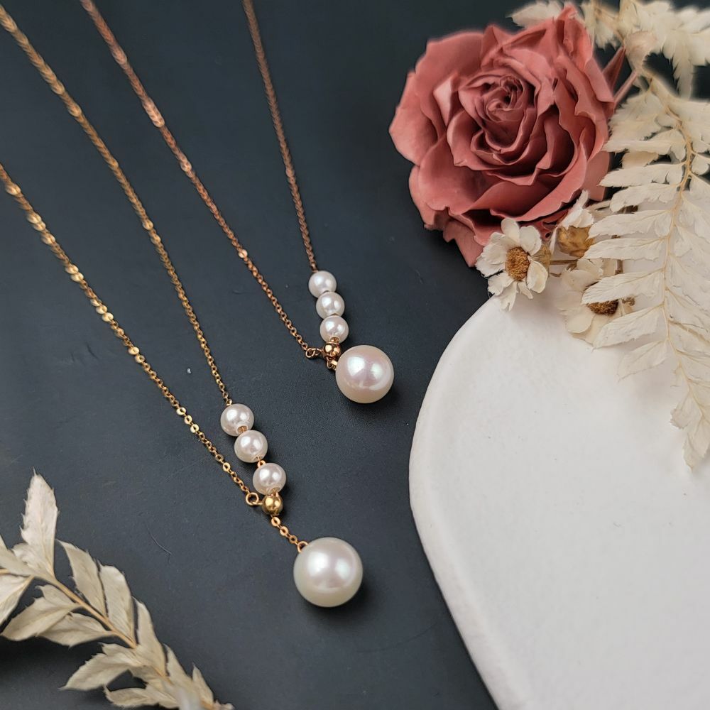 【me.luxe】K18滑動3珠伴月珍珠Y字鍊/黃K金、玫瑰金