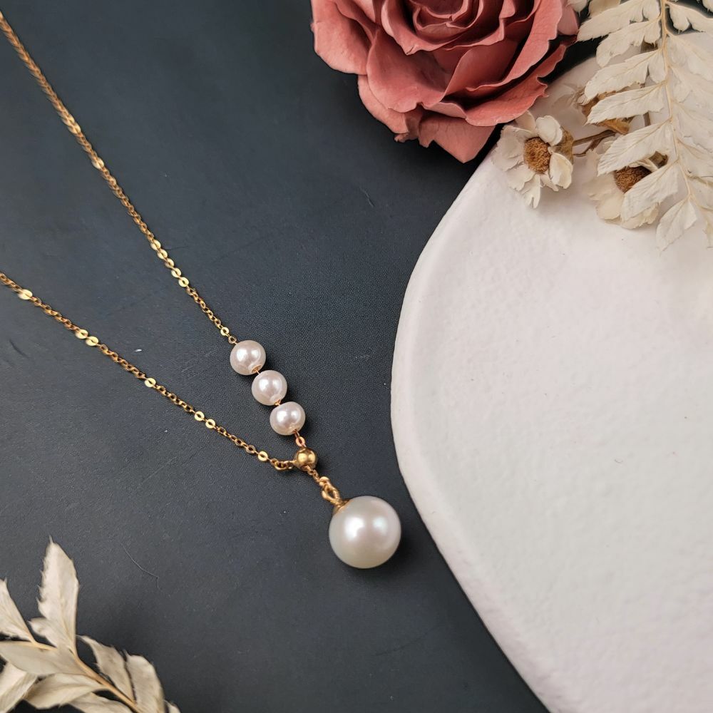 【me.luxe】K18滑動3珠伴月珍珠Y字鍊/黃K金、玫瑰金