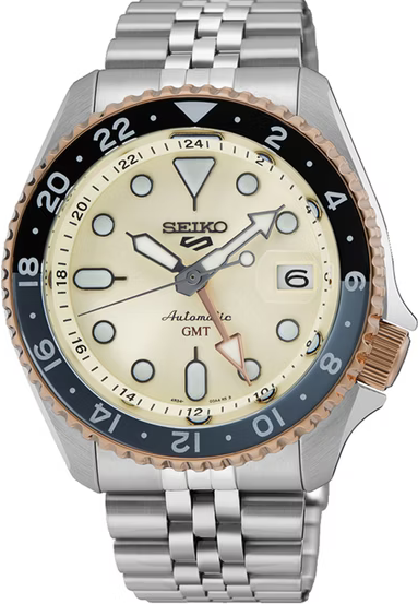 萬年鐘錶 - SEIKO  5 Sports   SKX 系列  限量日出光芒GMT雙時區指針機械水鬼男錶 SSK046K1 / 4R34-00N0S 錶徑42.5MM