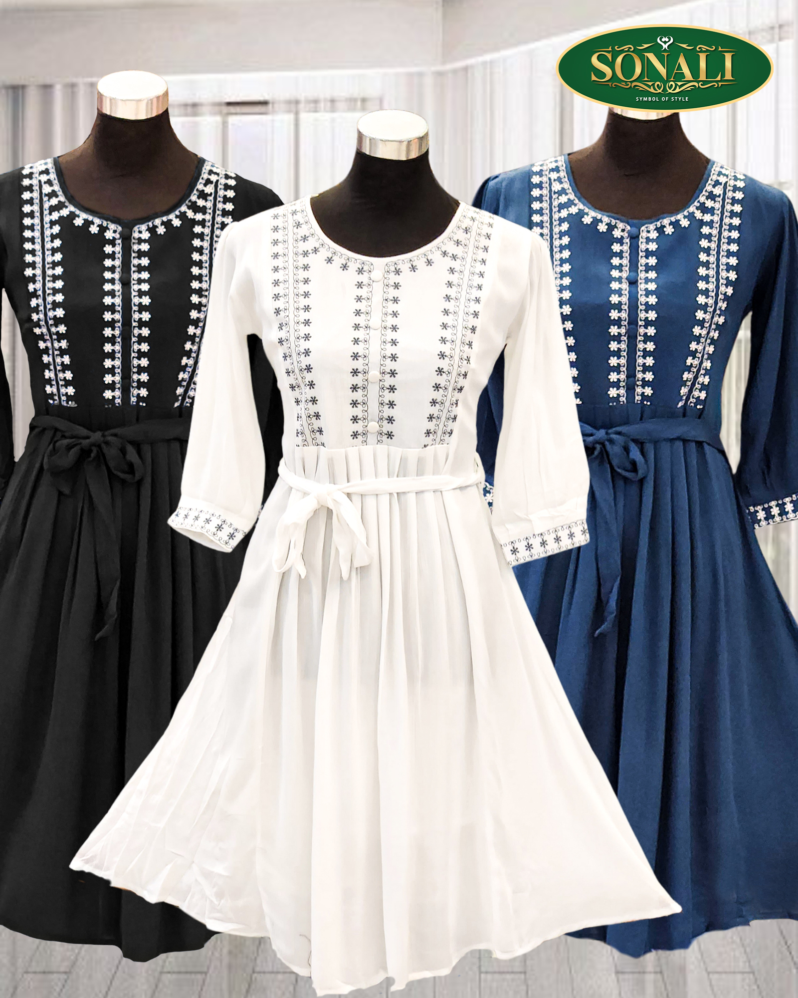 Sonali Premier Quality Women's Rayon Embroidered 3/4 Sleeve A-Line Dresses