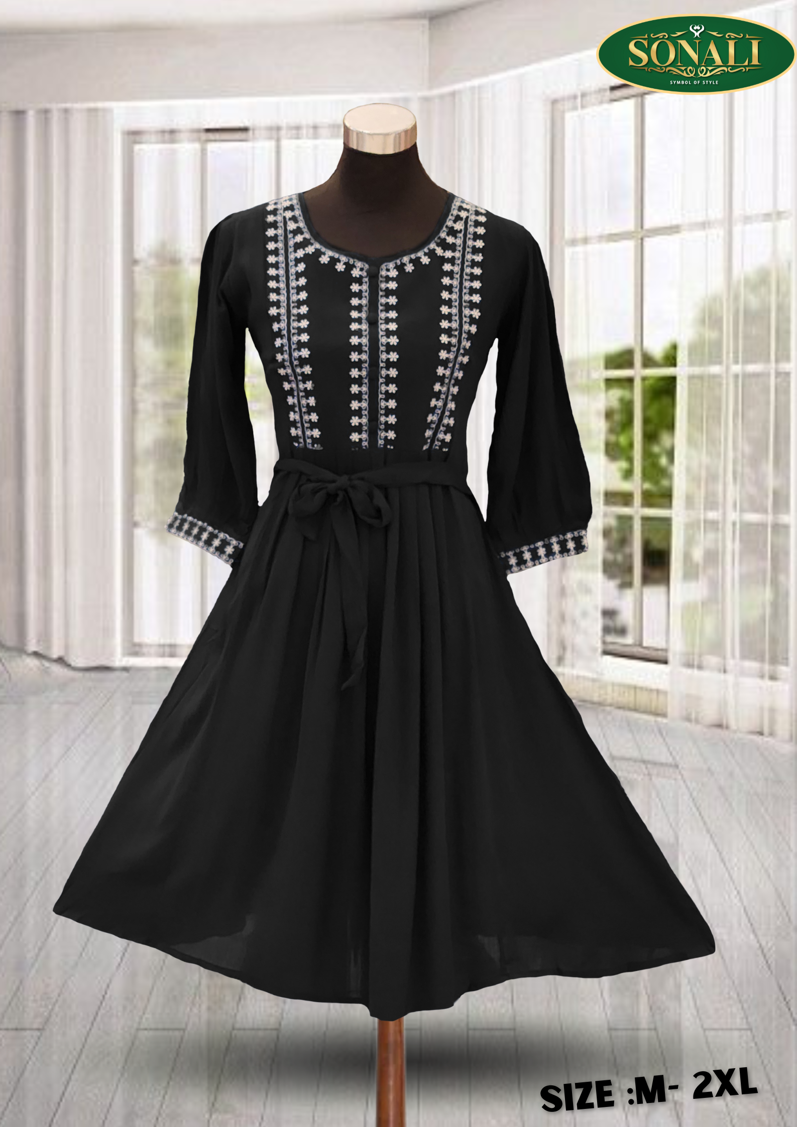 Sonali Premier Quality Women's Rayon Embroidered 3/4 Sleeve A-Line Dresses