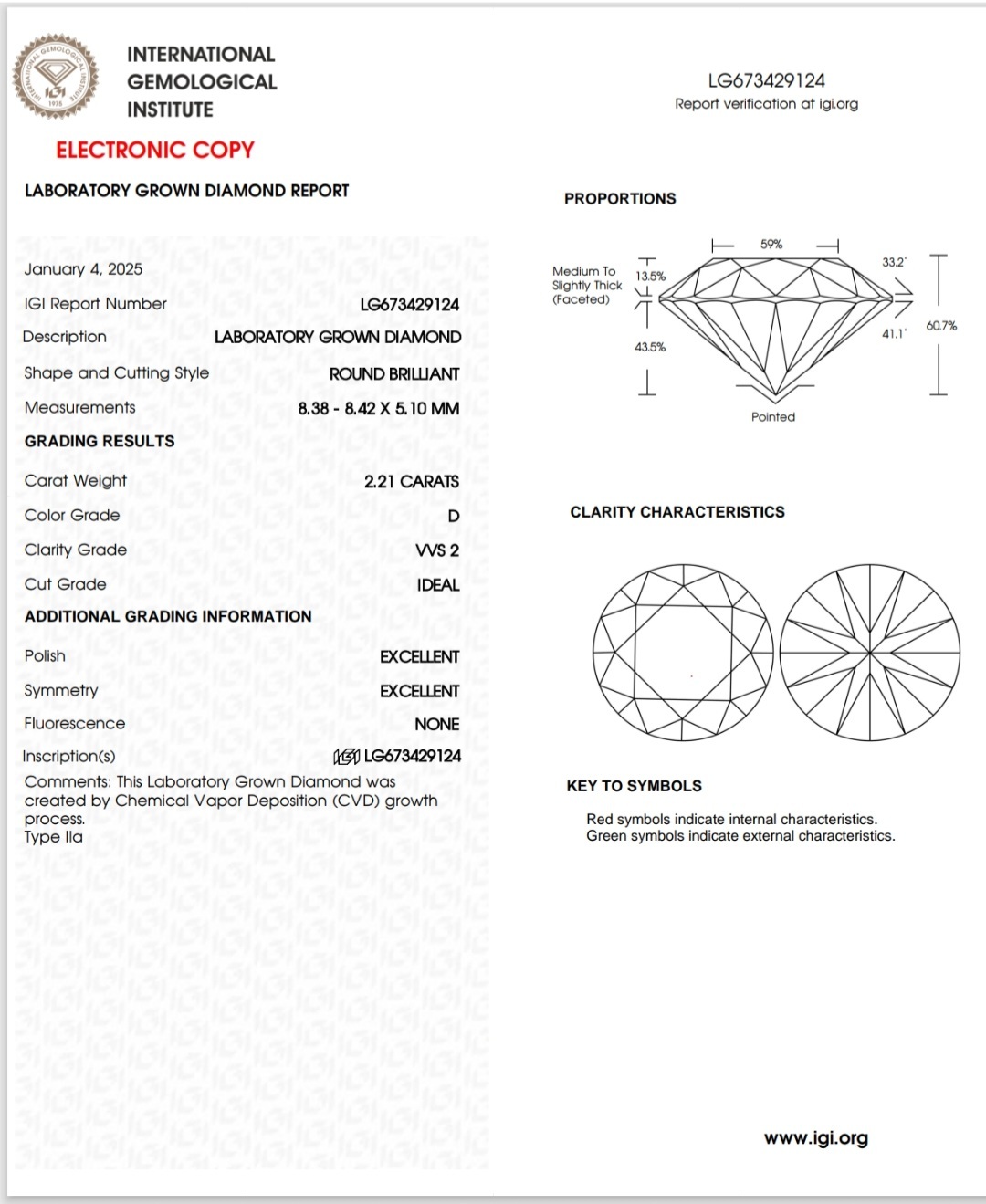 IGI LAB GROWN DIAMOND 2.21 D VVS2 IDEAL 2EX NON