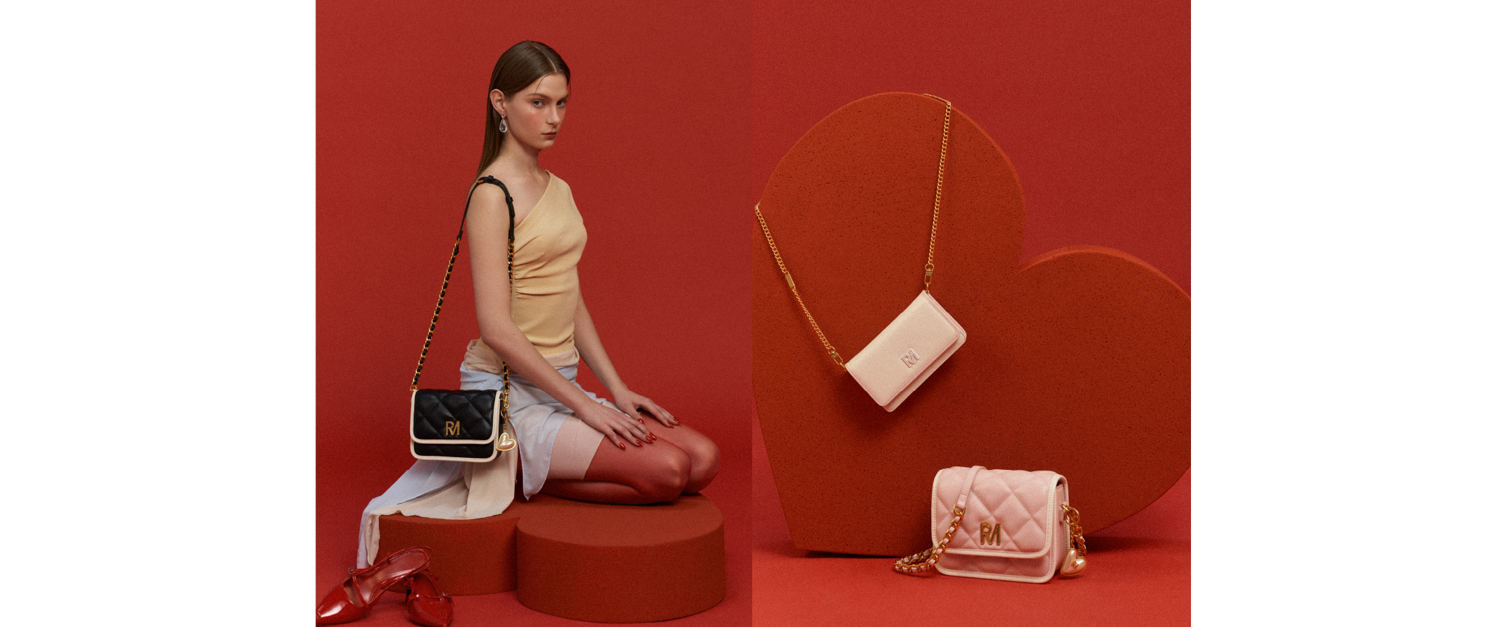 模特兒身穿黃色背心，肩背緹可斜背包