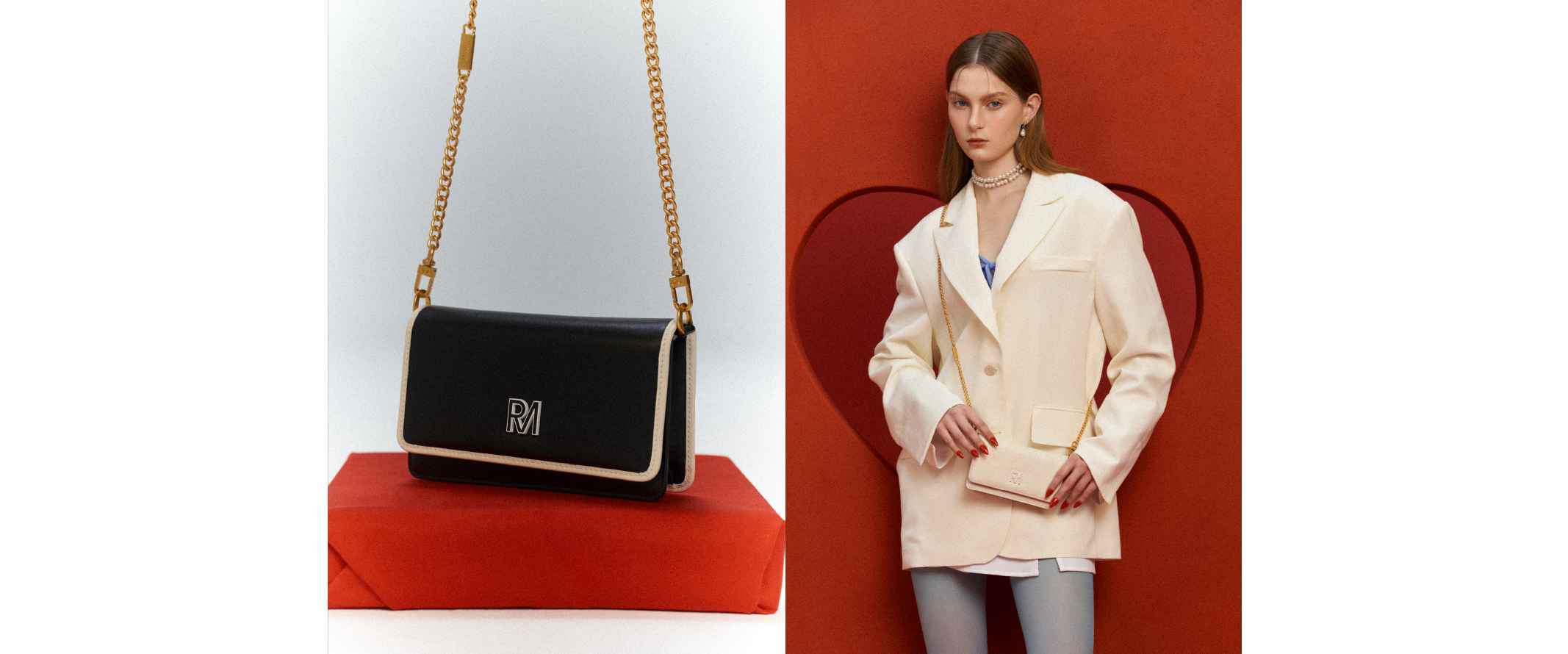 模特兒身穿白色西裝外套，斜背緹可隨身斜背包