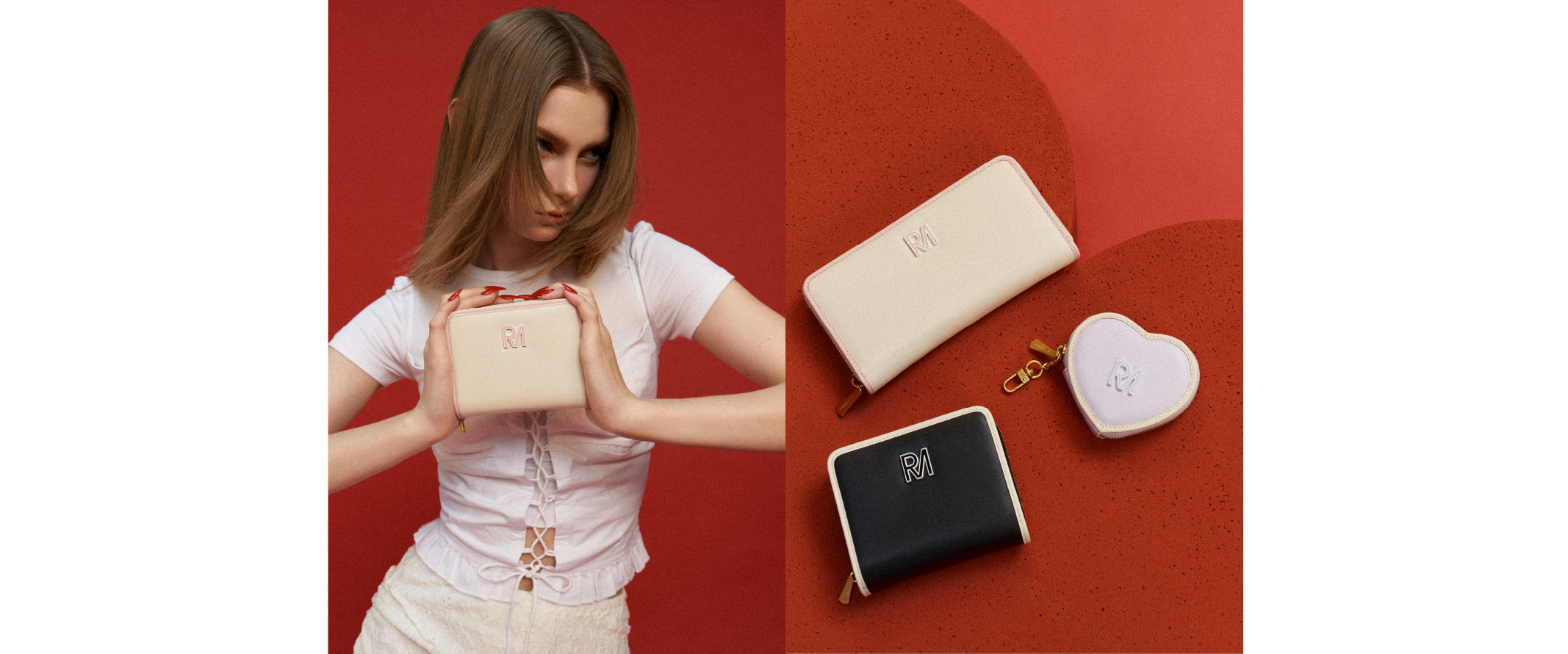 模特兒身穿白色上衣，手持緹可真皮短夾