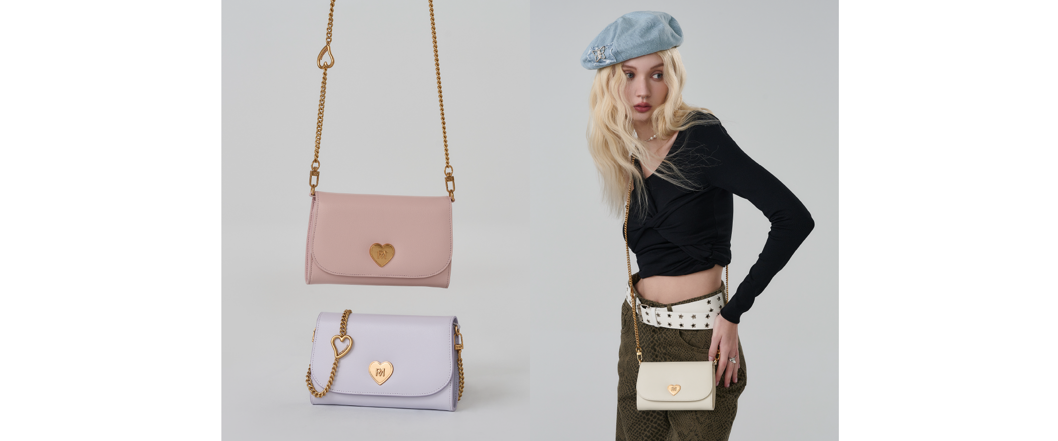 模特兒身穿黑色上衣帶藍色貝雷帽，斜背霏比隨身斜背包