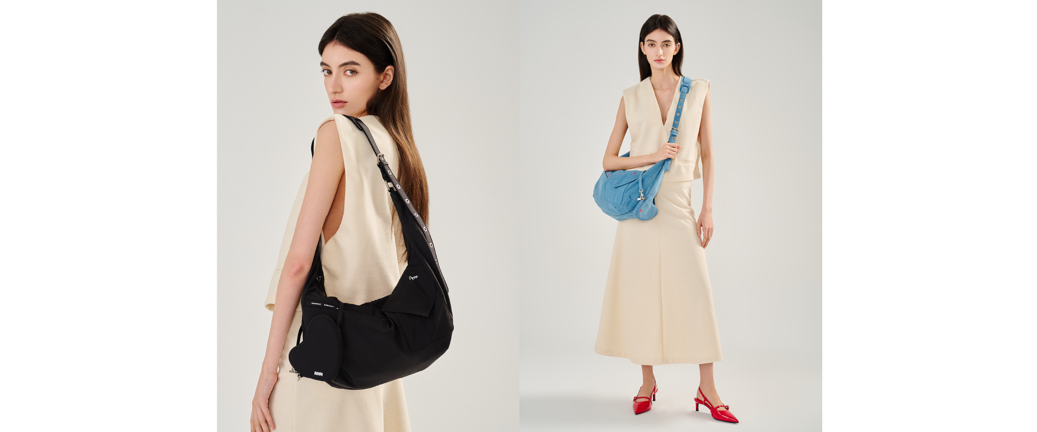 模特兒身穿米白色洋裝，肩背Lovely day斜背包