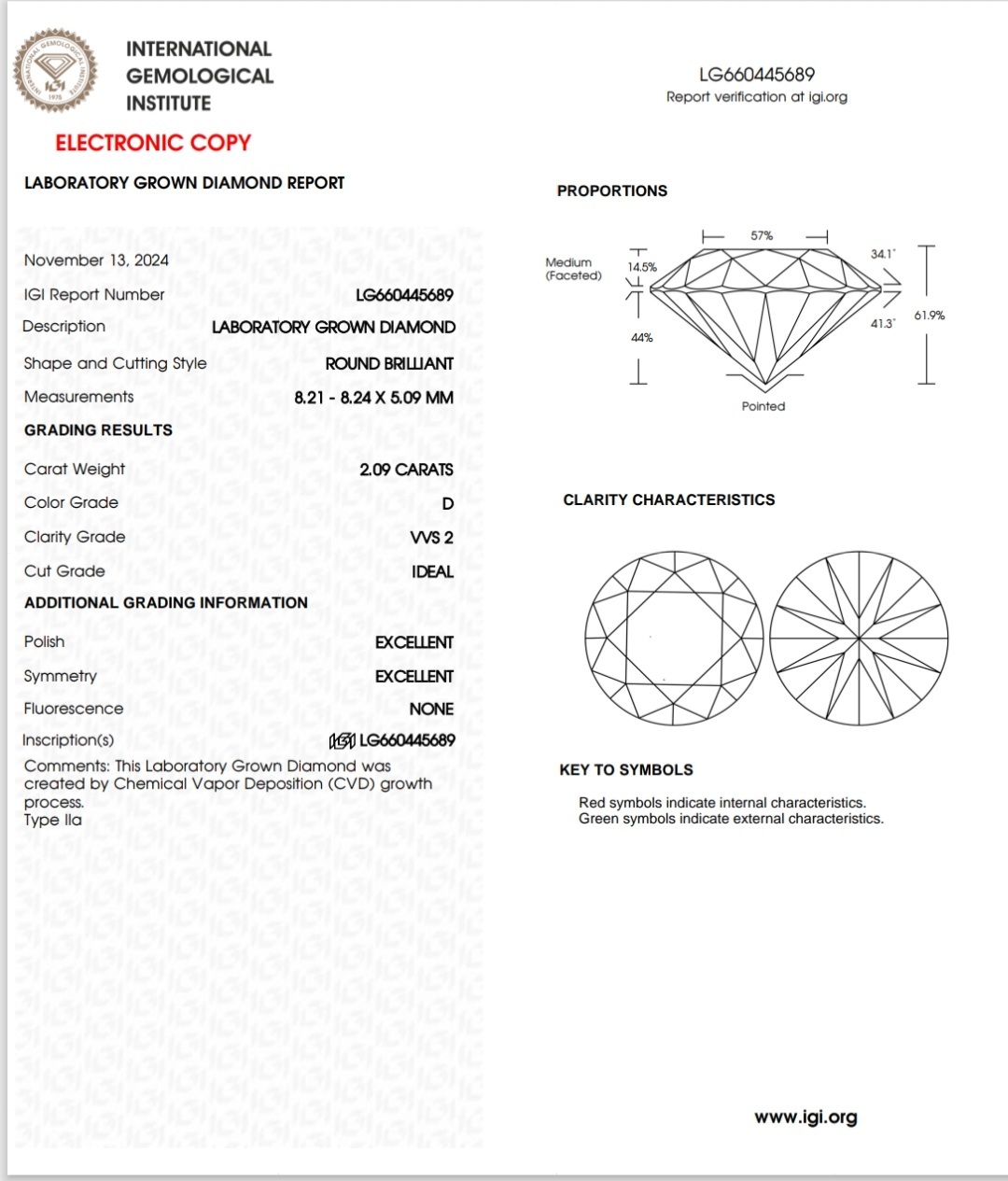 IGI LAB GROWN DIAMOND 2.09 D VVS2 IDEAL 2EX NON