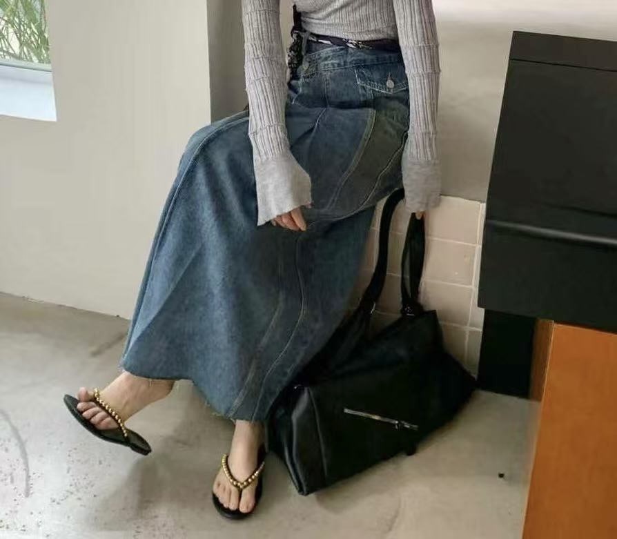 腰頭不對稱鬚邊A字牛仔長裙