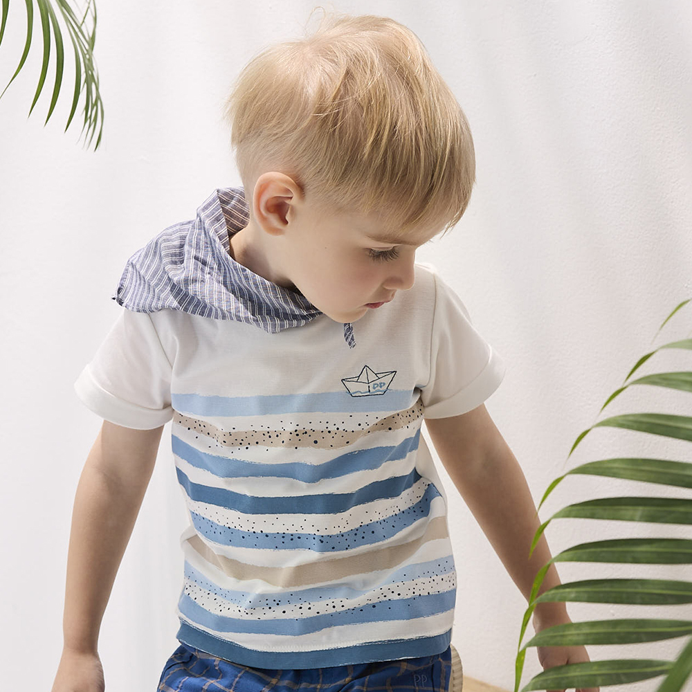 PIPPY 休閒小帆船繡花條紋短袖上衣  米白