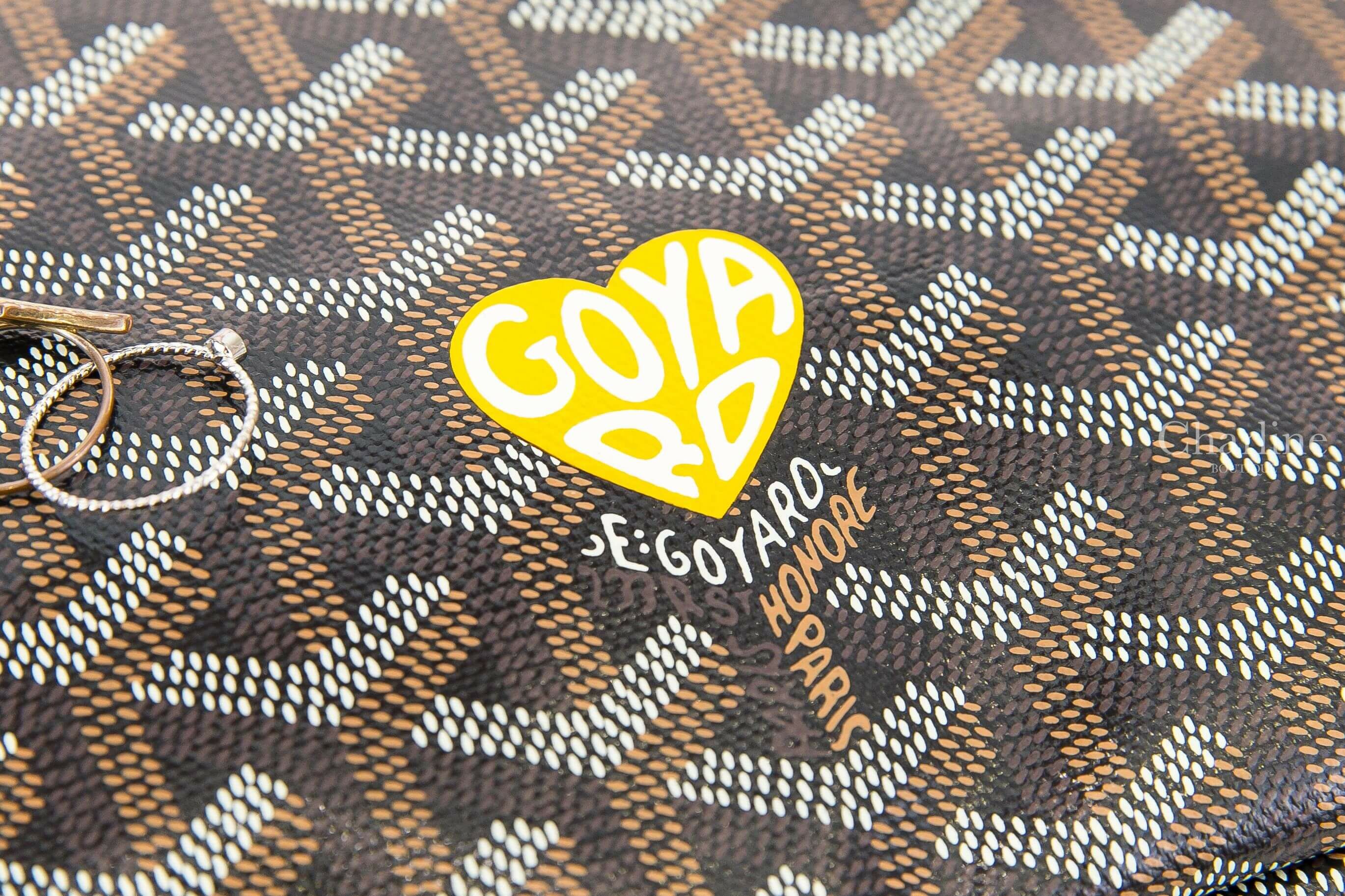 Goyard Bohème Hobo Bag 黑色拼咖啡色滾邊黃色愛心帆布小牛皮手提肩背包