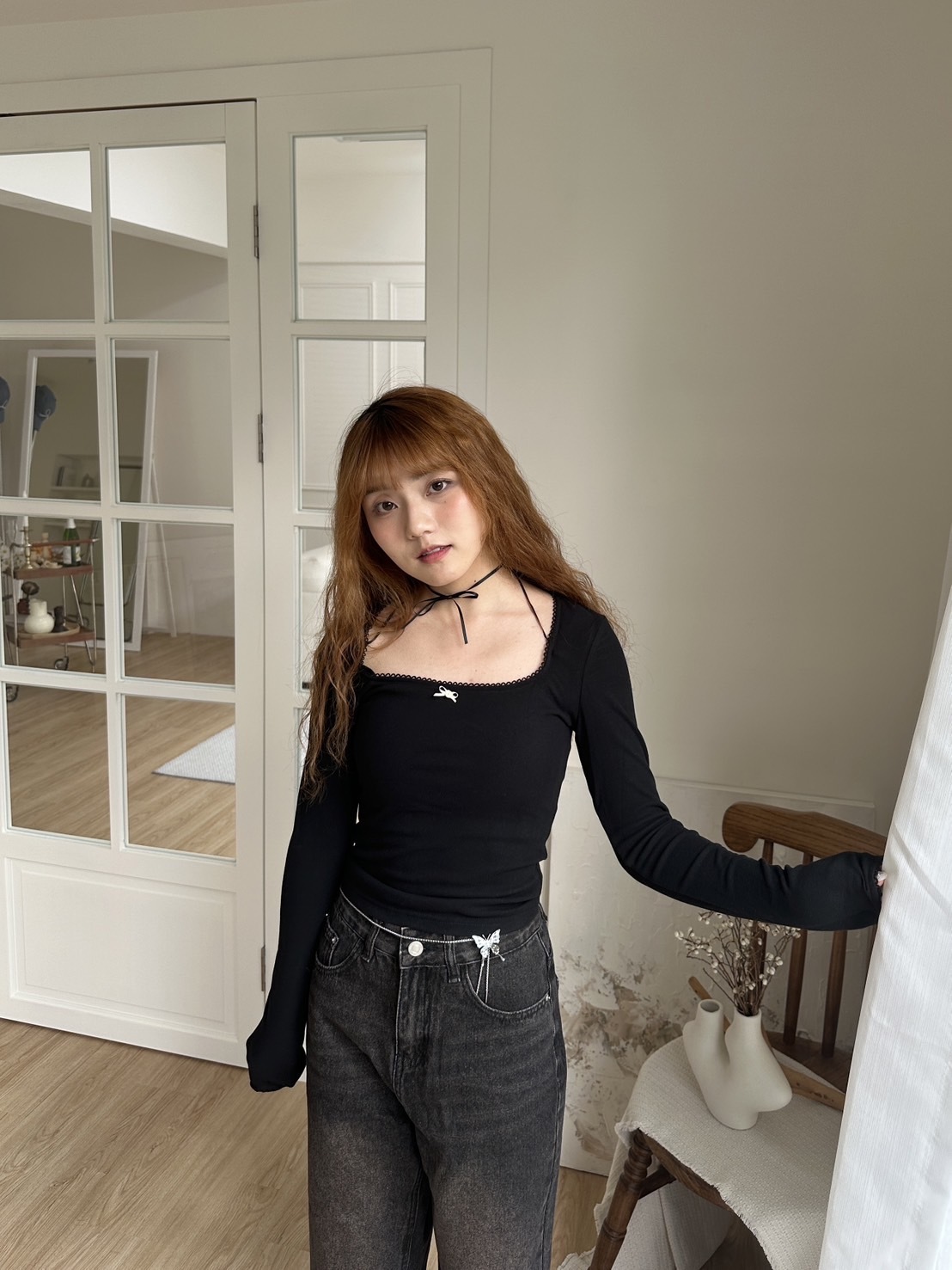 年末出清✧˖°純欲方領綁帶上衣（黑色）