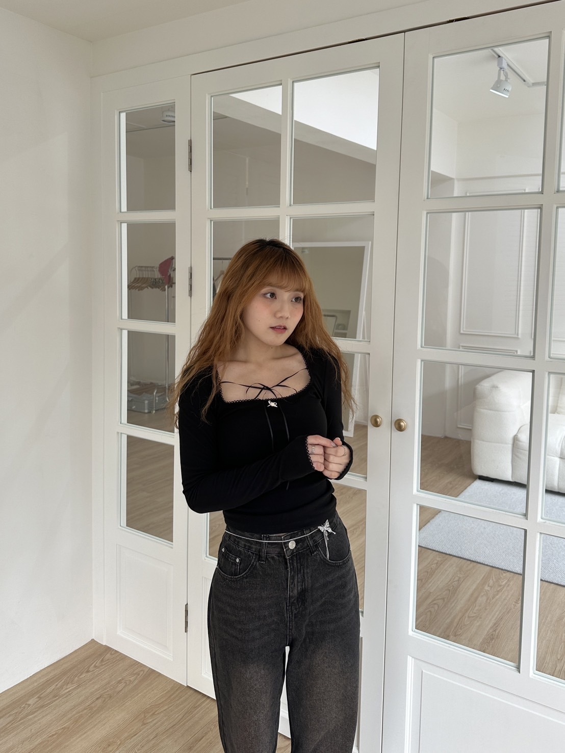 年末出清✧˖°純欲方領綁帶上衣（黑色）