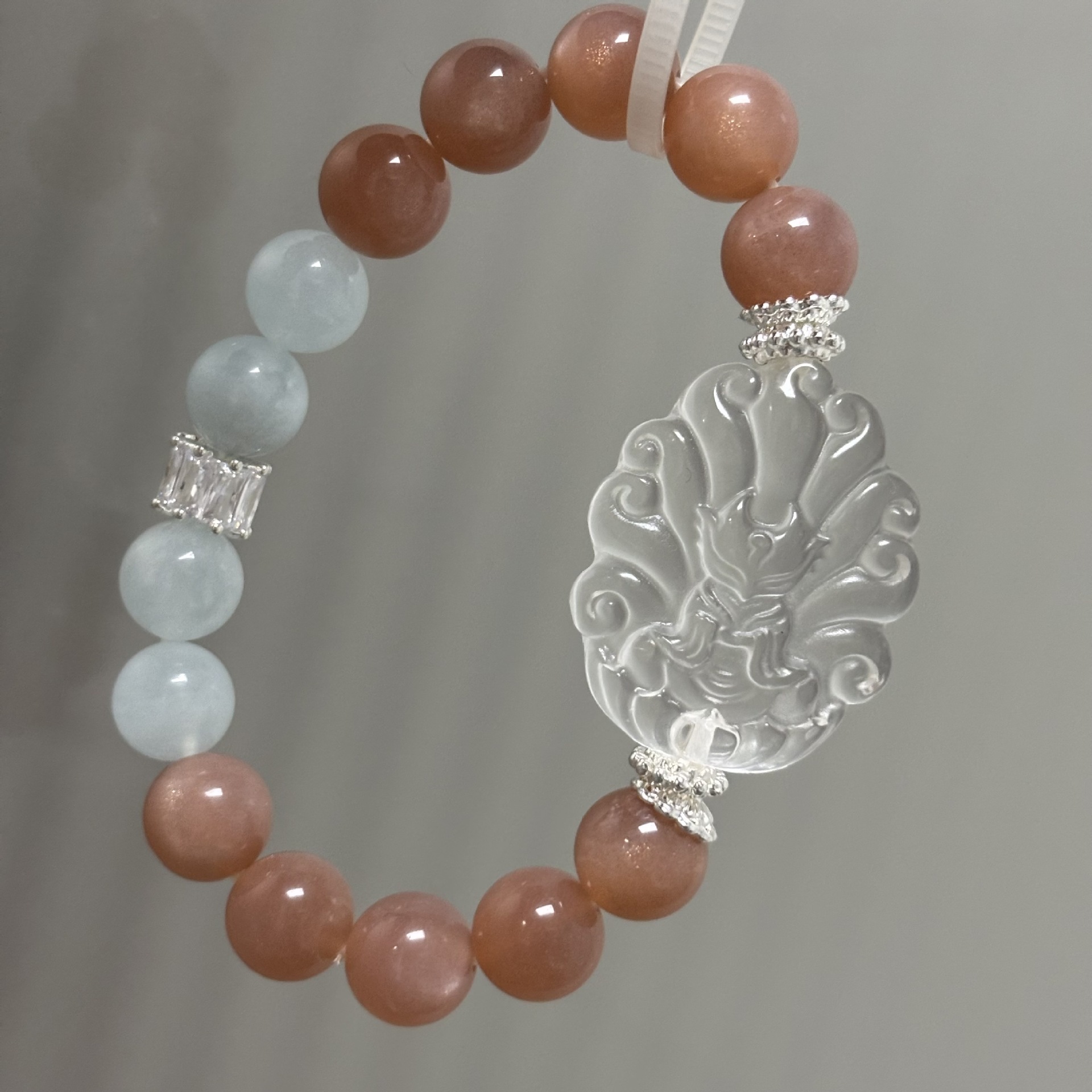 【狐仙】天然淨體白水晶九尾狐+太陽石+海藍寶手鍊