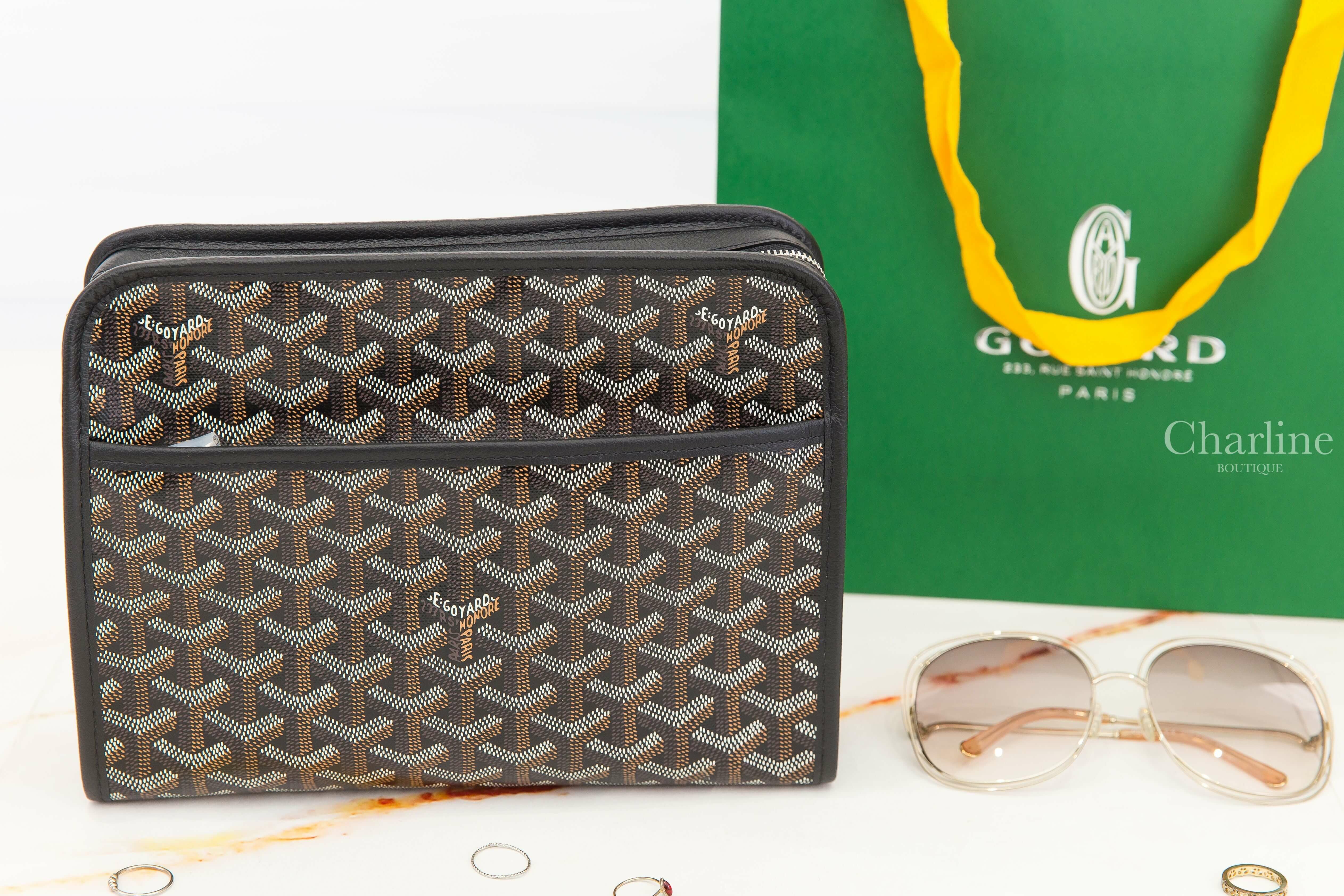 Goyard Jouvence MM Toiletry Bag 黑色帆布小牛皮中型拉鍊手拿包