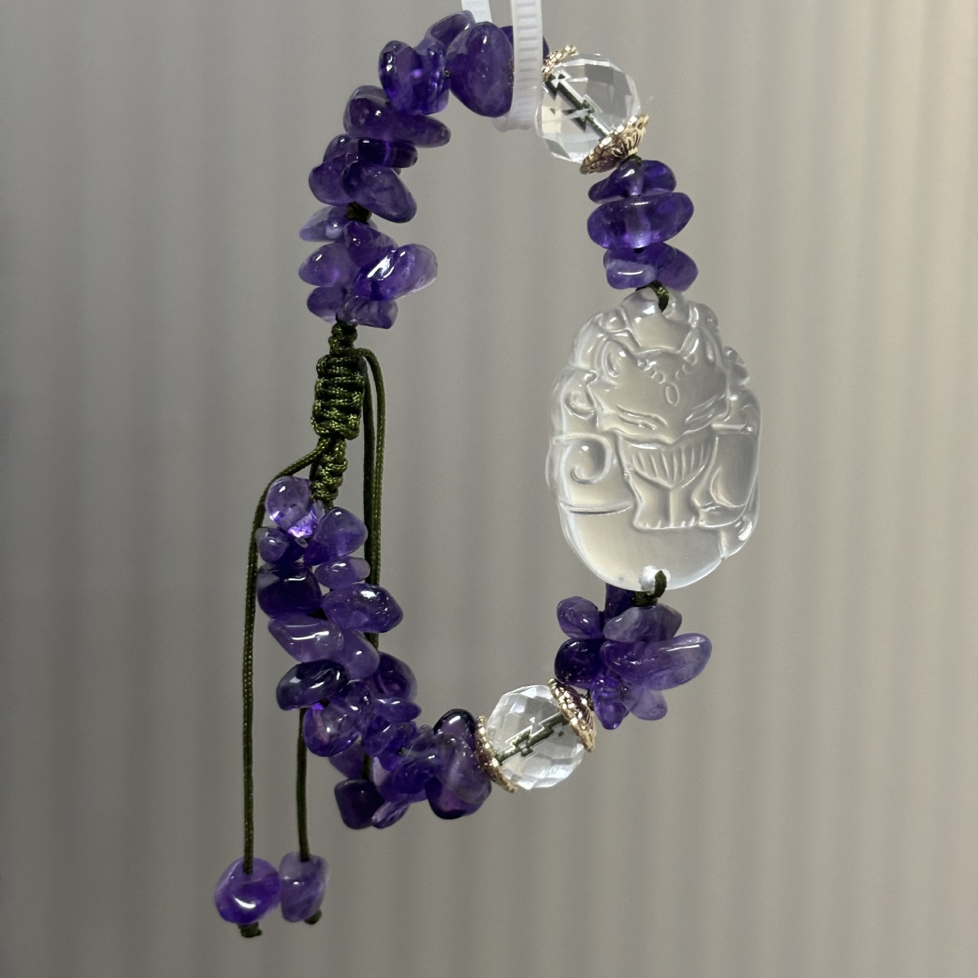 【狐仙】天然白水晶九尾狐+紫水晶碎石伸縮水晶手鍊