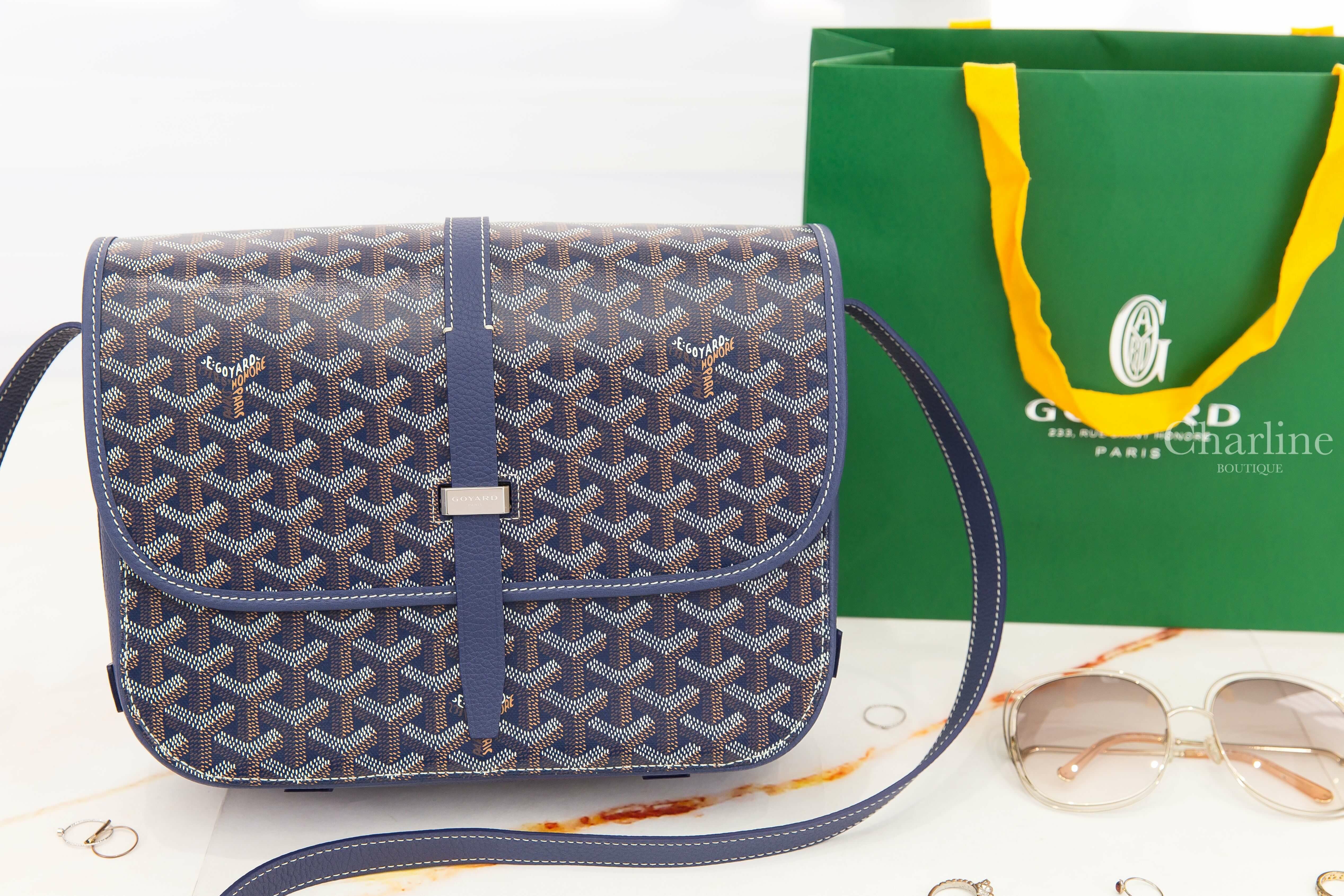 Goyard Belvedere MM Bag 深藍色帆布小牛皮黃色內裡中型馬鞍肩背包