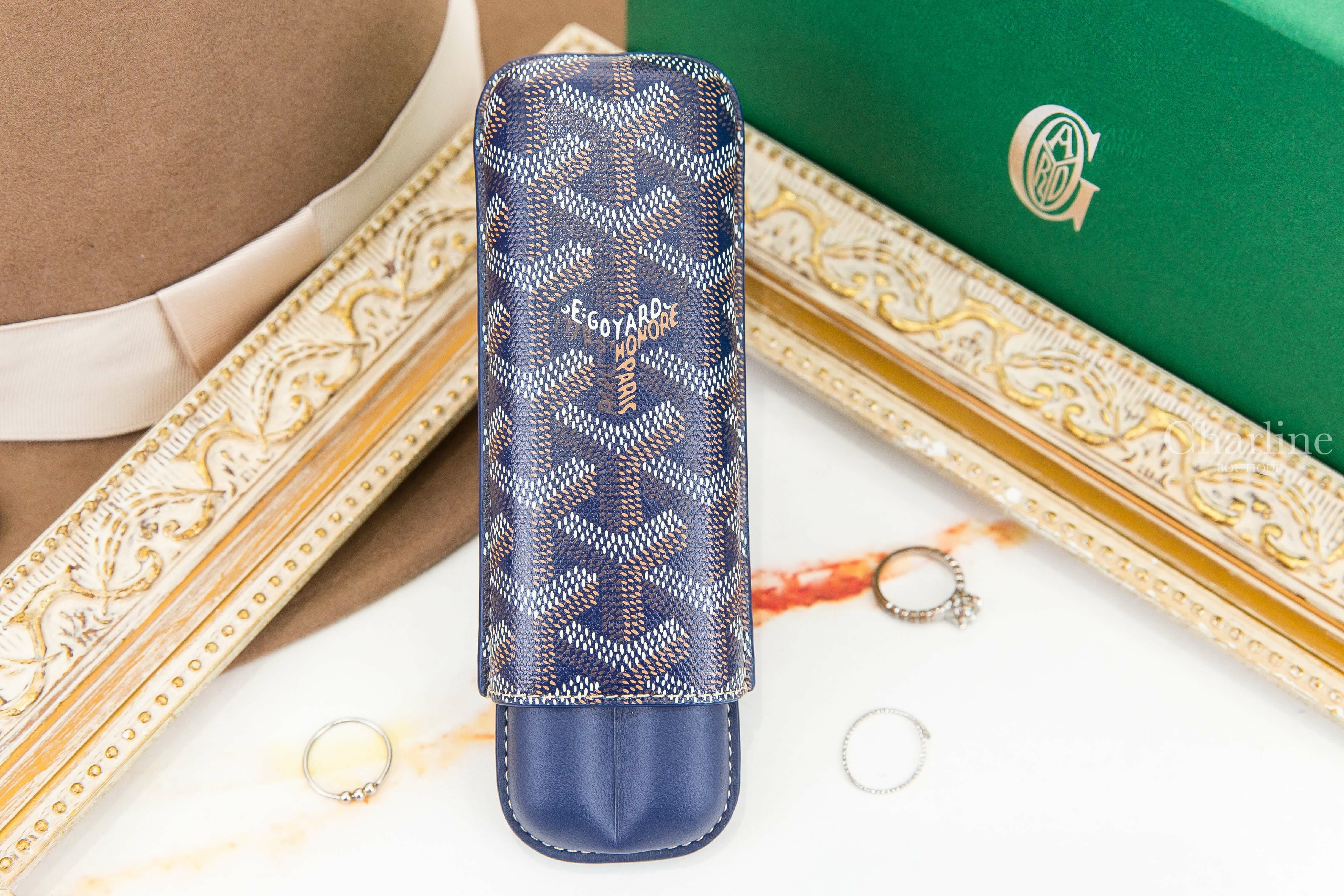 Goyard Churchill 2 Cigar Case 海軍藍帆布小牛皮黃色內裡兩入雪茄盒