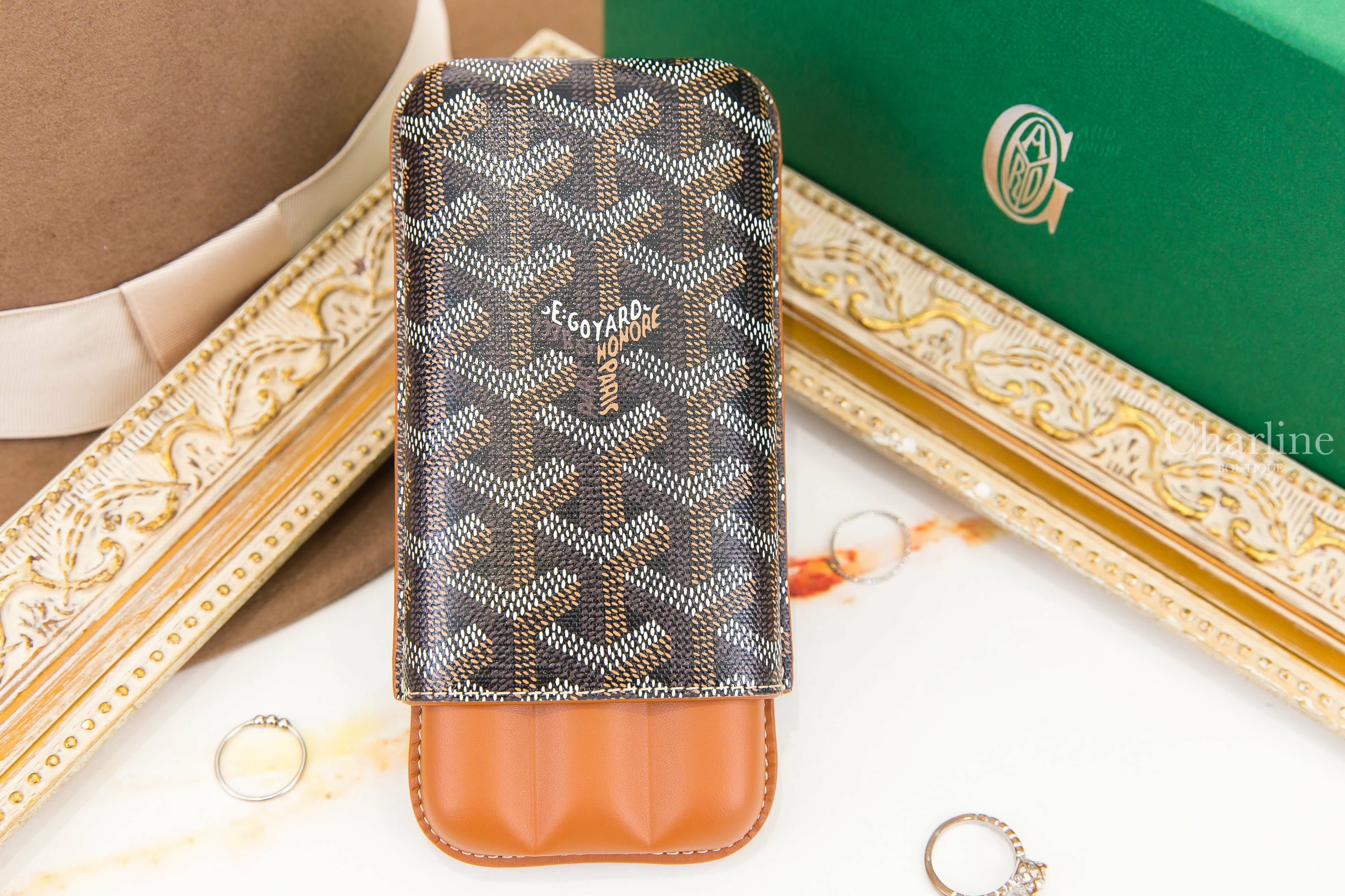 Goyard Churchill 3 Cigar Case 黑色拼咖啡色帆布小牛皮黃色內裡三入雪茄盒