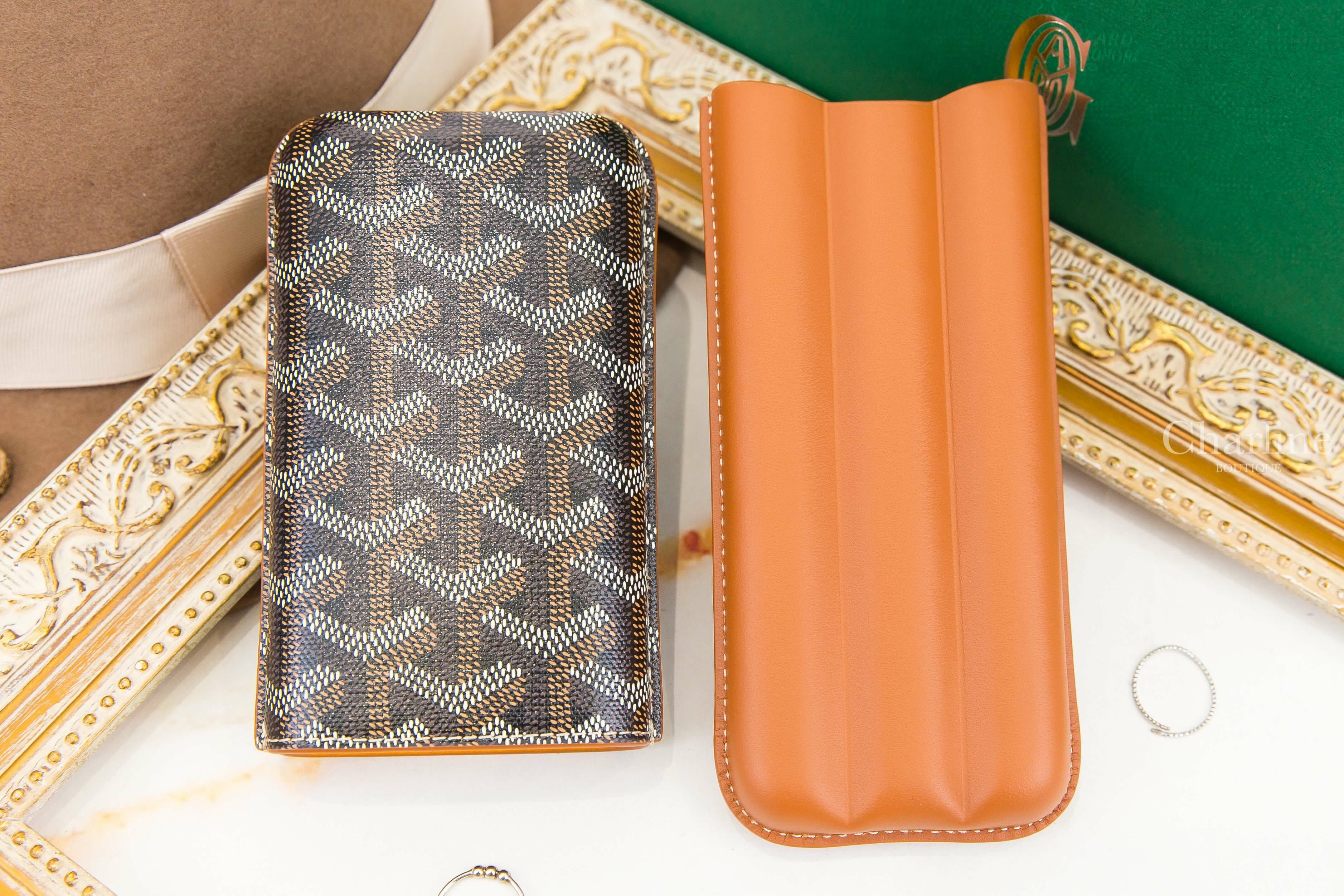 Goyard Churchill 3 Cigar Case 黑色拼咖啡色帆布小牛皮黃色內裡三入雪茄盒-Charline Boutique 精品代購