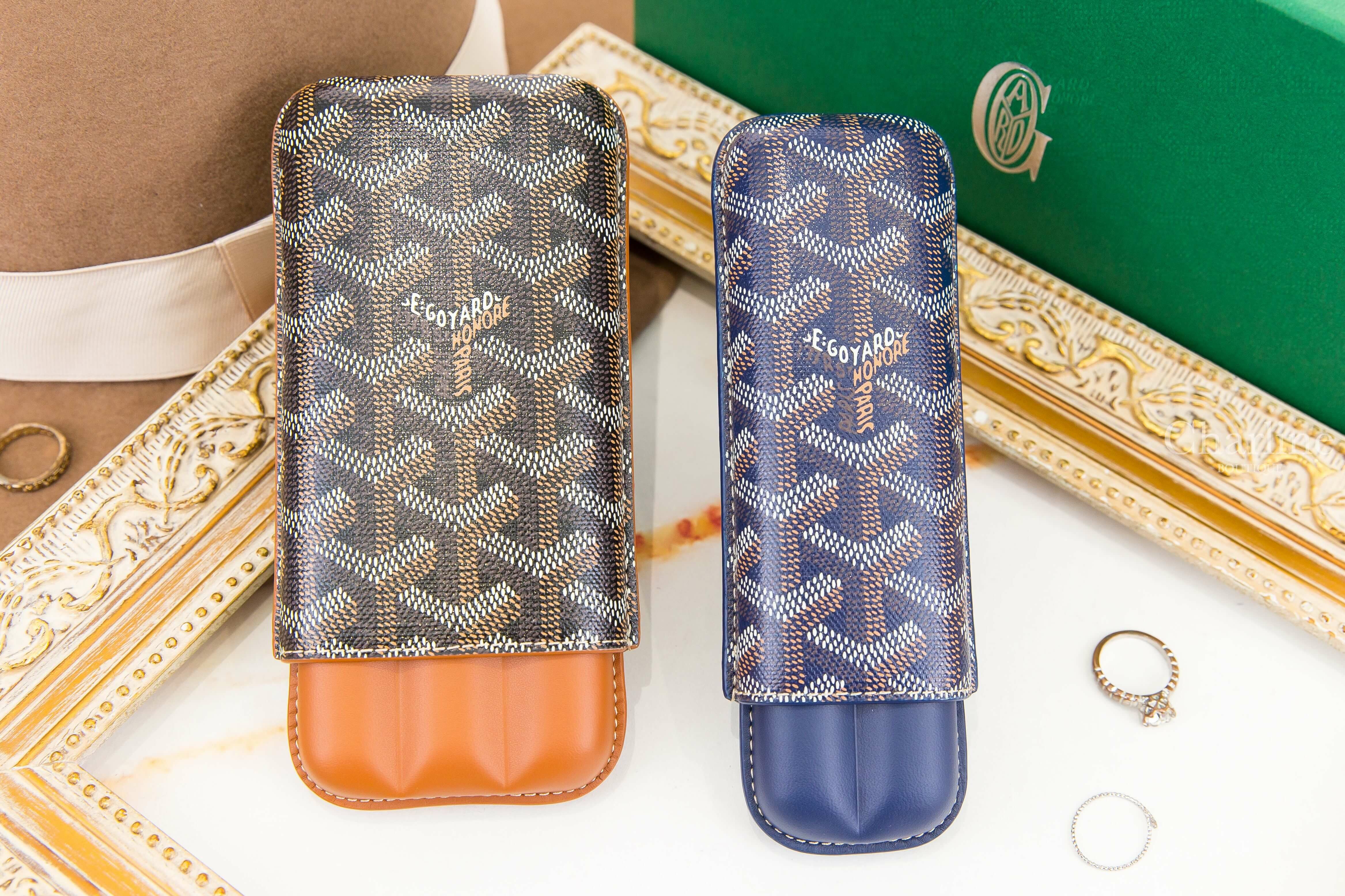 Goyard Churchill 2 Cigar Case 海軍藍帆布小牛皮黃色內裡兩入雪茄盒,Goyard Churchill 3 Cigar Case 黑色拼咖啡色帆布小牛皮黃色內裡三入雪茄盒-Charline Boutique 精品代購