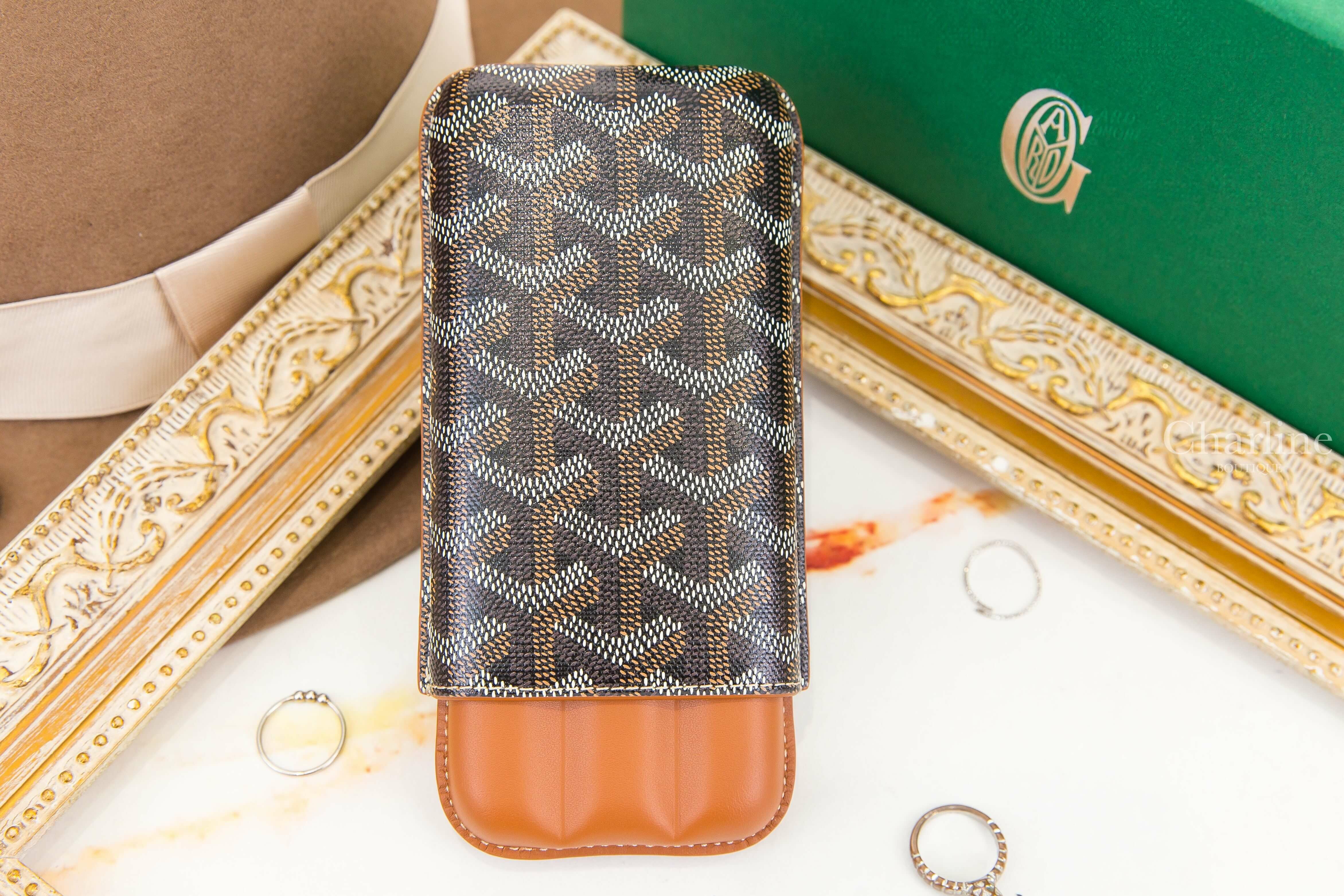 Goyard Churchill 3 Cigar Case 黑色拼咖啡色帆布小牛皮黃色內裡三入雪茄盒-Charline Boutique 精品代購