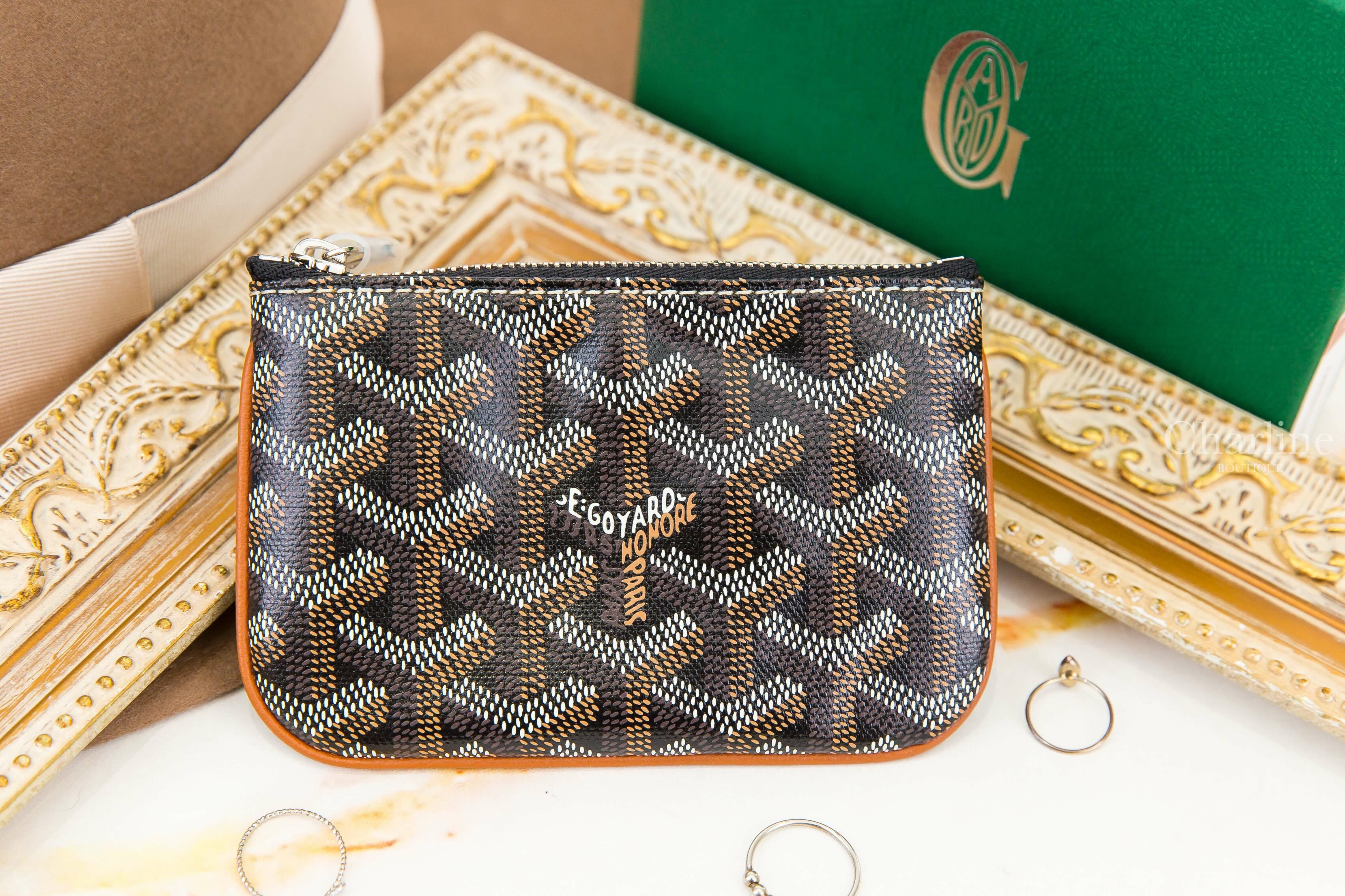 Goyard Sénat Nano Key Pouch 黑色拼咖啡色滾邊小牛皮黃色內裡銀釦拉鍊鑰匙零錢包-Charline Boutique 精品代購