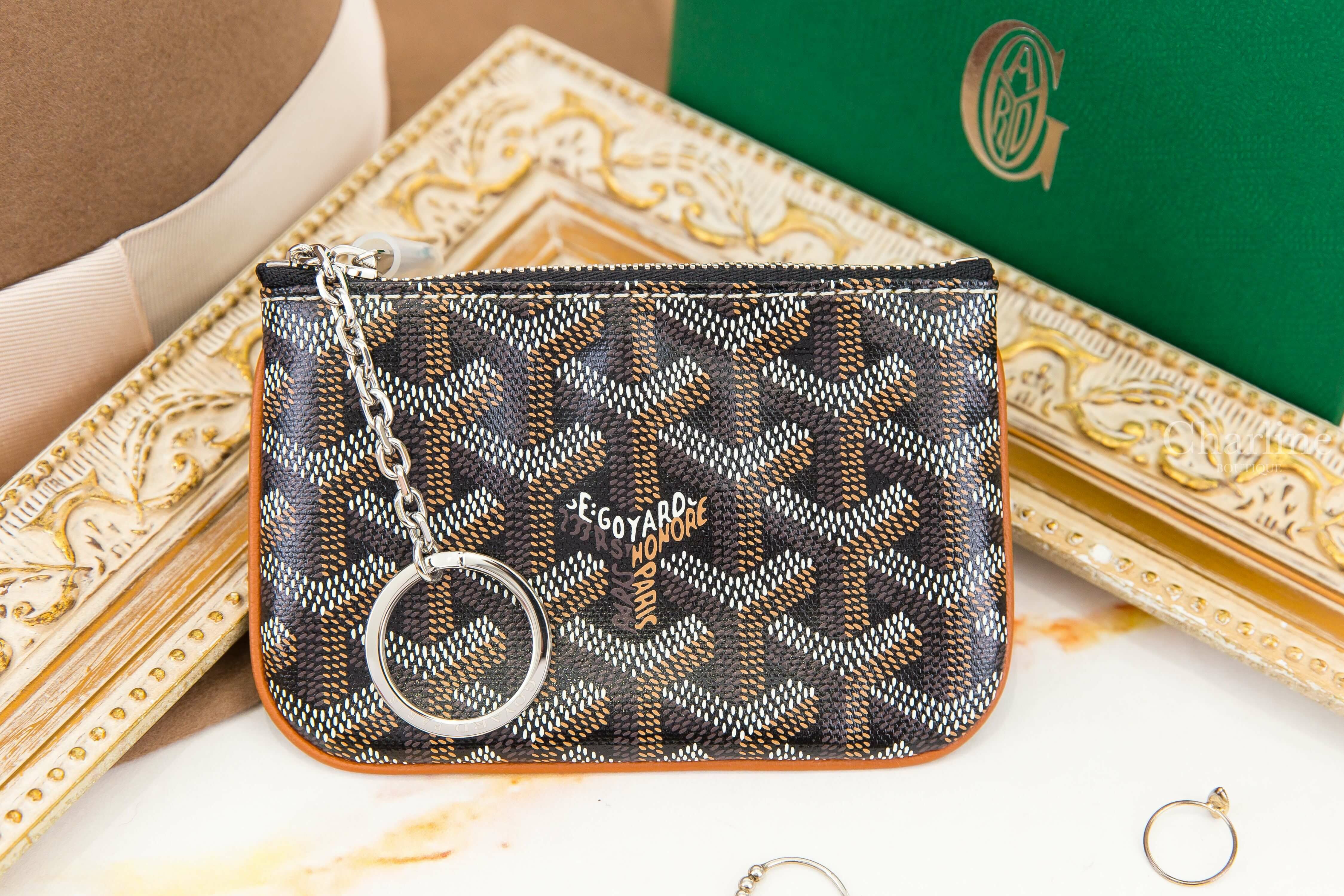 Goyard Sénat Nano Key Pouch 黑色拼咖啡色滾邊小牛皮黃色內裡銀釦拉鍊鑰匙零錢包-Charline Boutique 精品代購