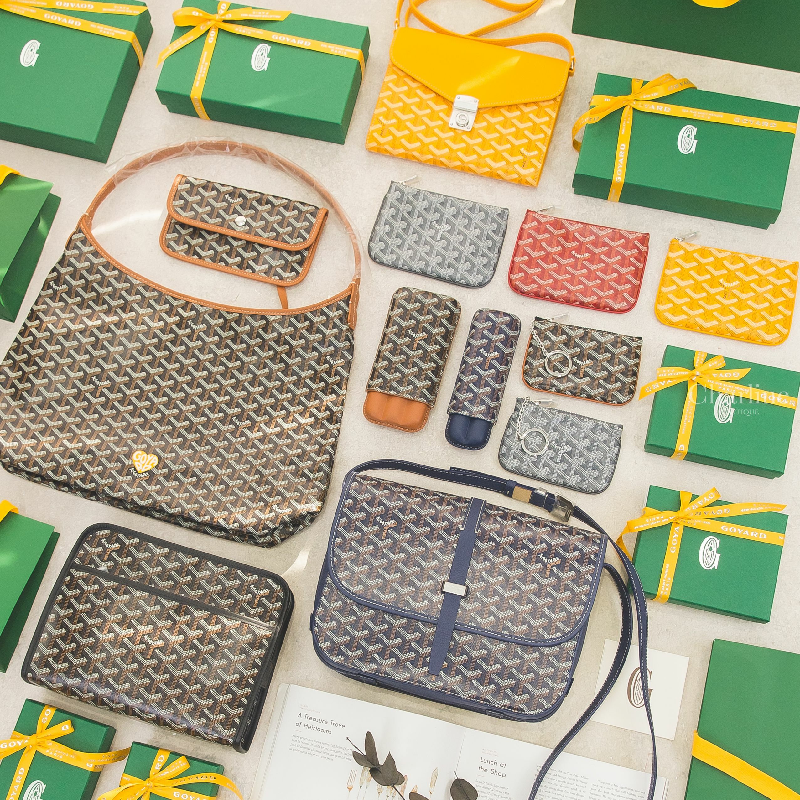 Goyard Hobo黑拼咖啡黃愛心,Belvedere藍中型,Jouvence黑中型,雪茄盒,黑咖啡三入/海軍藍兩入,Key Pouch黑拼咖啡/灰,Mini Pouch紅/黃/灰,Chypre Wallet黃色-Charline Boutique