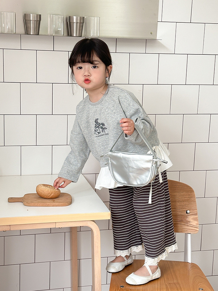 拼接刺繡花上衣/條紋拼接蕾絲褲