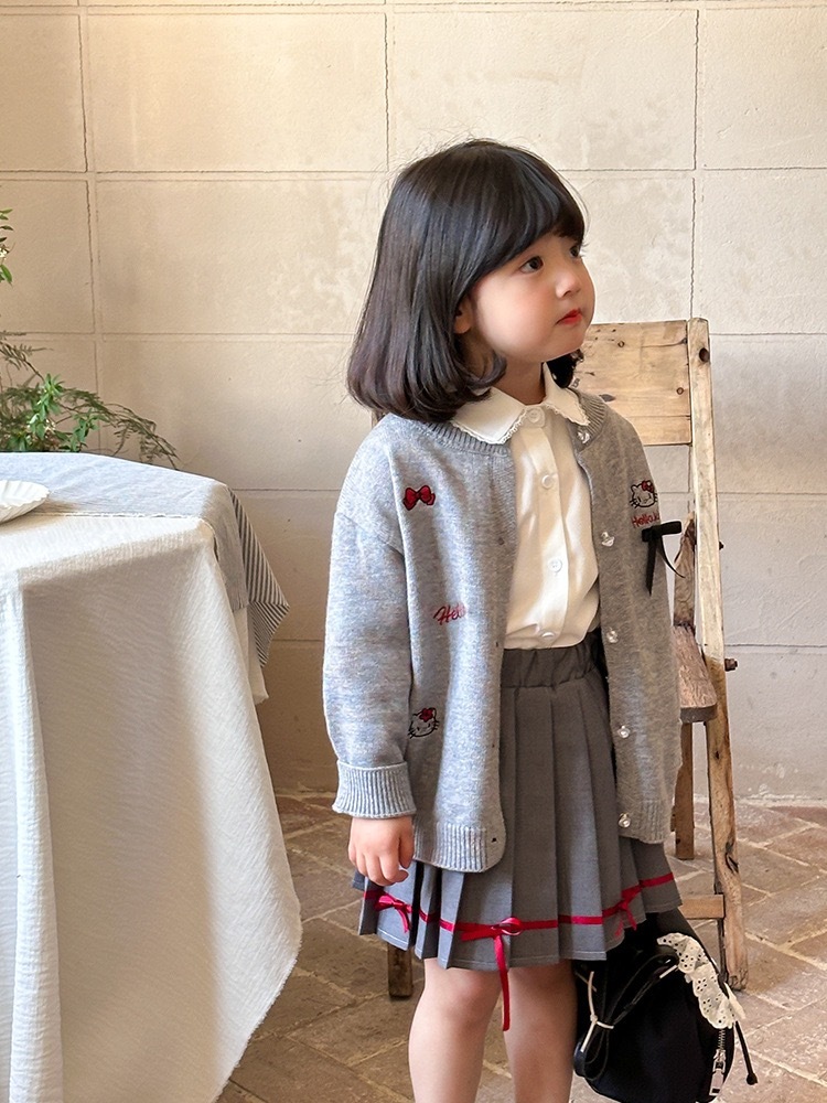 日系灰針織外套/文青感襯衫+百褶裙套裝