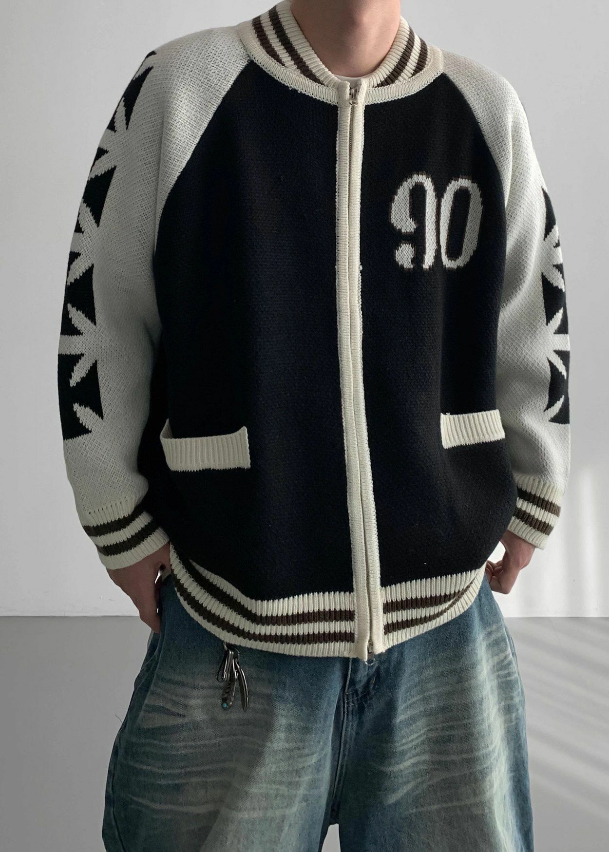 拼色數字圖案拉鍊針織外套 SUB-028JK