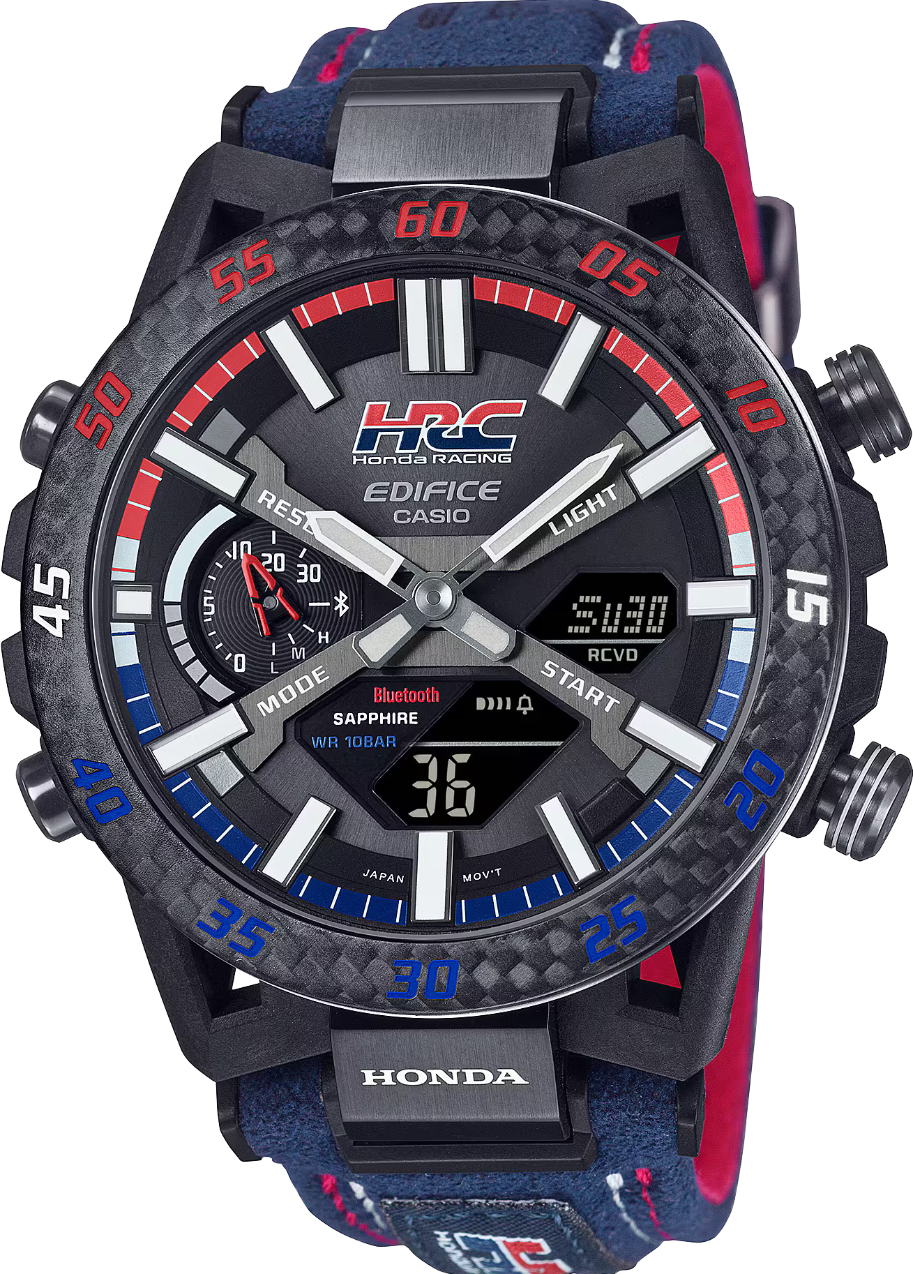 萬年鐘錶 - CASIO EDIFICE 系列   Honda Racing 聯名錶款藍牙太陽能智慧雙顯男錶 ECB-2000HR-1A 錶徑 : 47.8MM